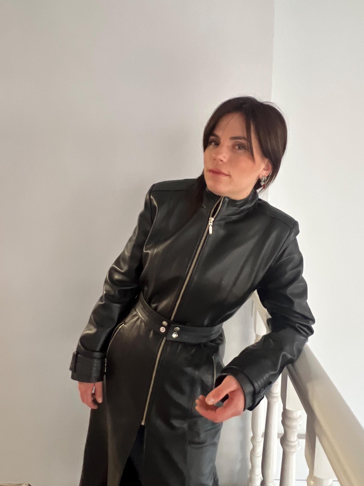 Handcrafted buttery Nappa Leather Coat with zippers and belt: Full Length Black Overcoat.