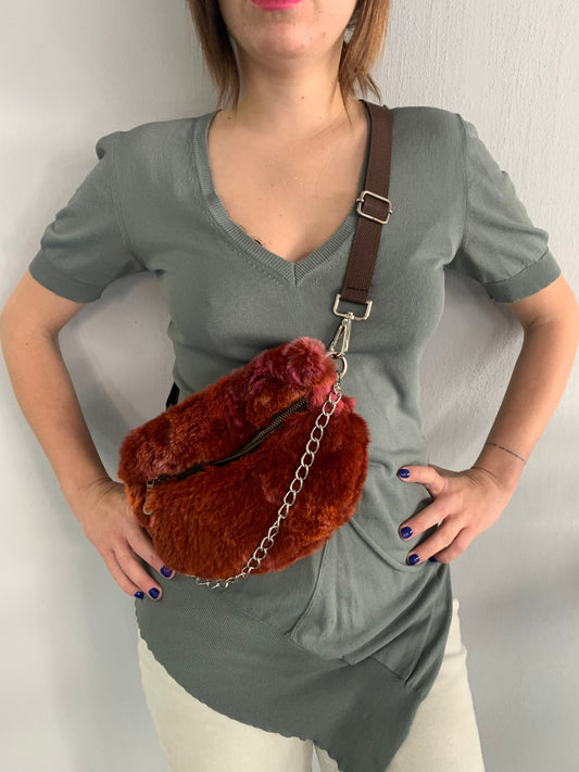 Terracotta Rabbit Fur Bumbag with Chain Strap