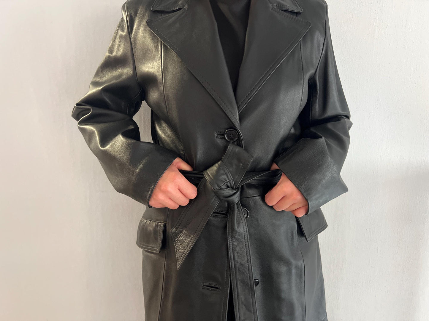 Handcrafted Nappa Leather Overcoat: Full Length Black Belted Coat, Small