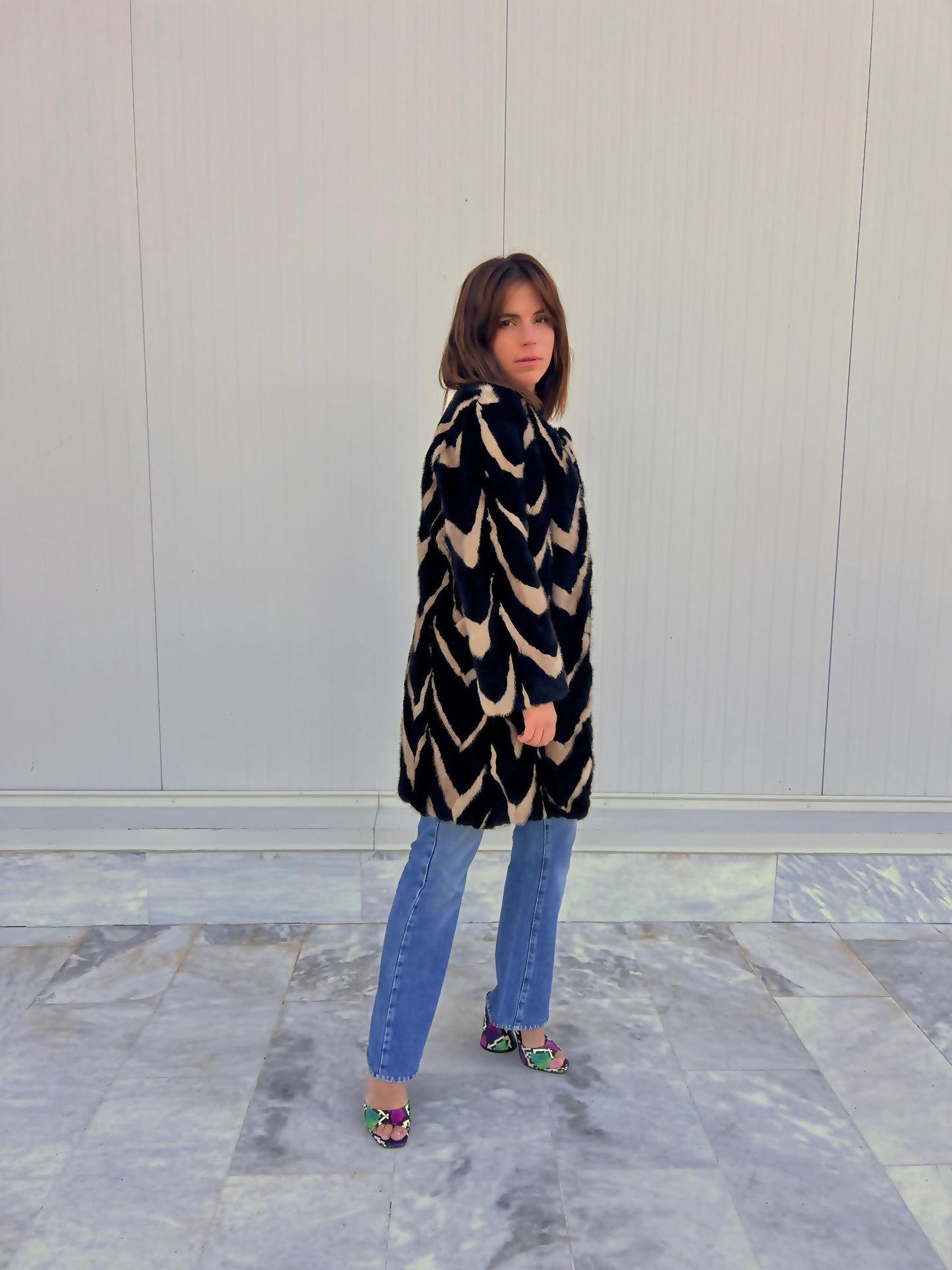Intarsia Mink Fur Coat: Black and Beige Genuine Fur Jacket