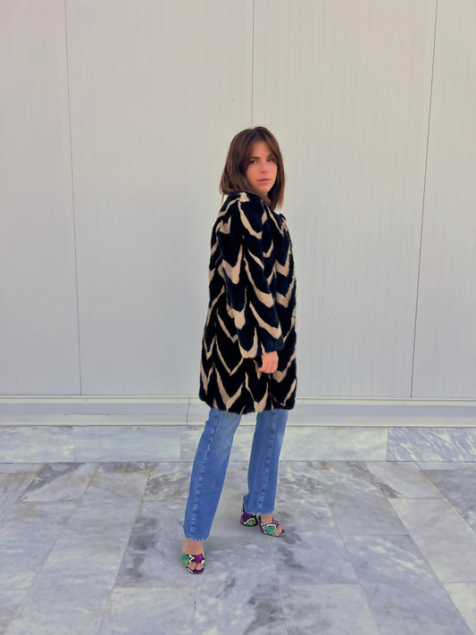 Intarsia Mink Fur Coat: Black and Beige Genuine Fur Jacket