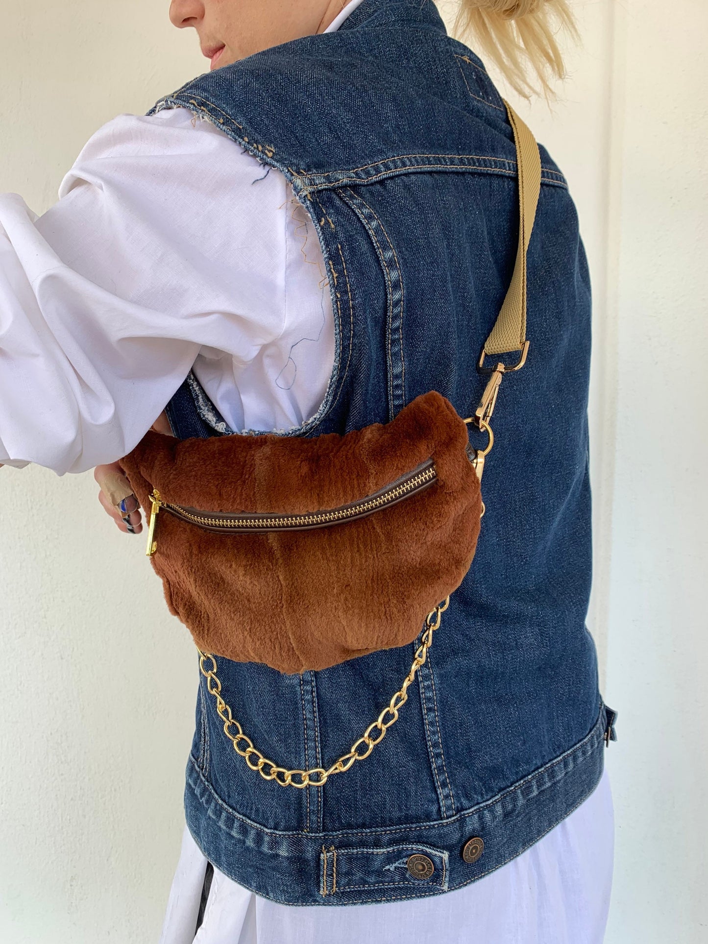 Cognac Mink Fur Bumbag with Chain: Luxury Fanny Pack
