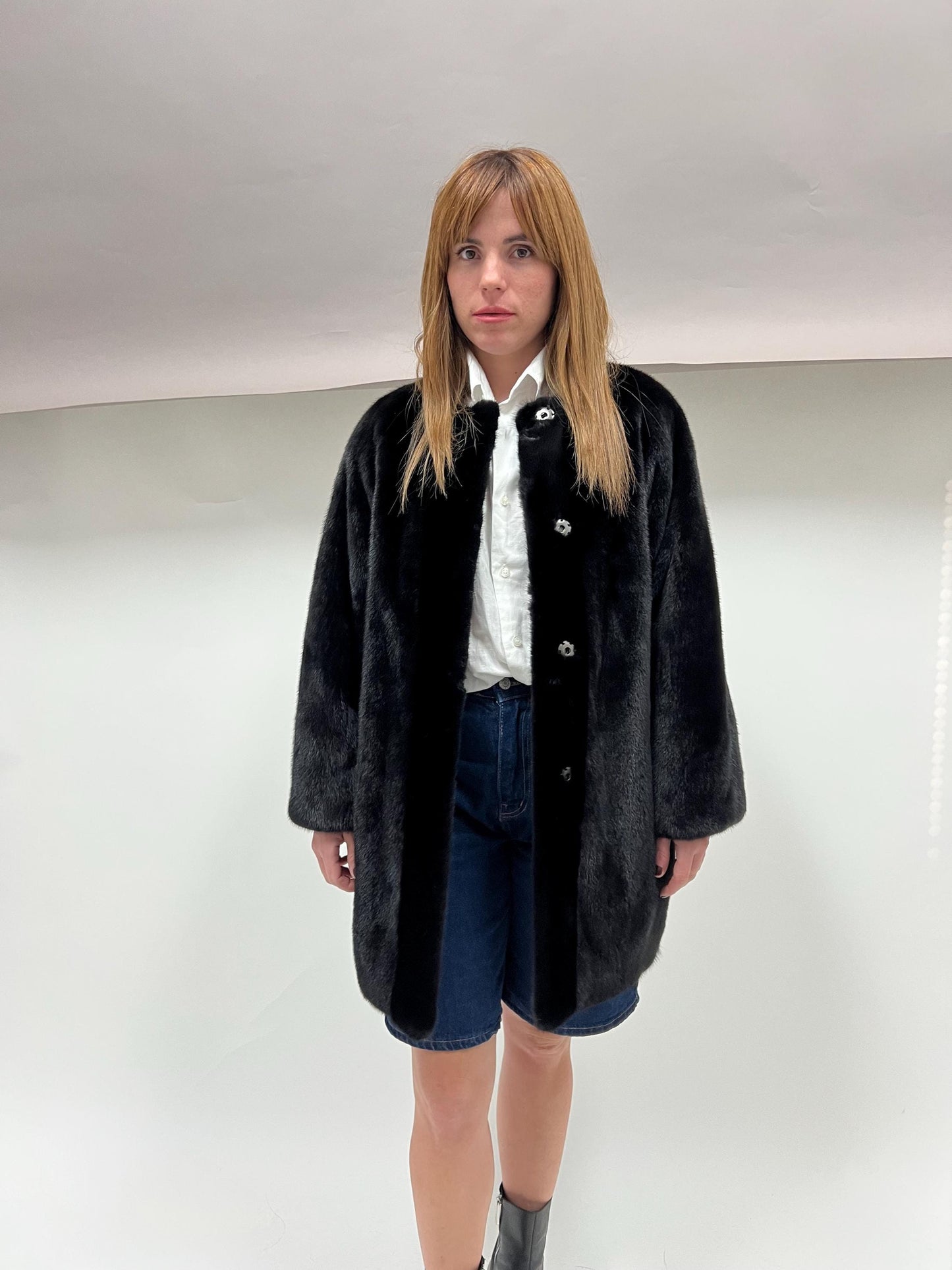 Black Velvet Mink Fur Robe Coat - Saga Pelts, Collarless
