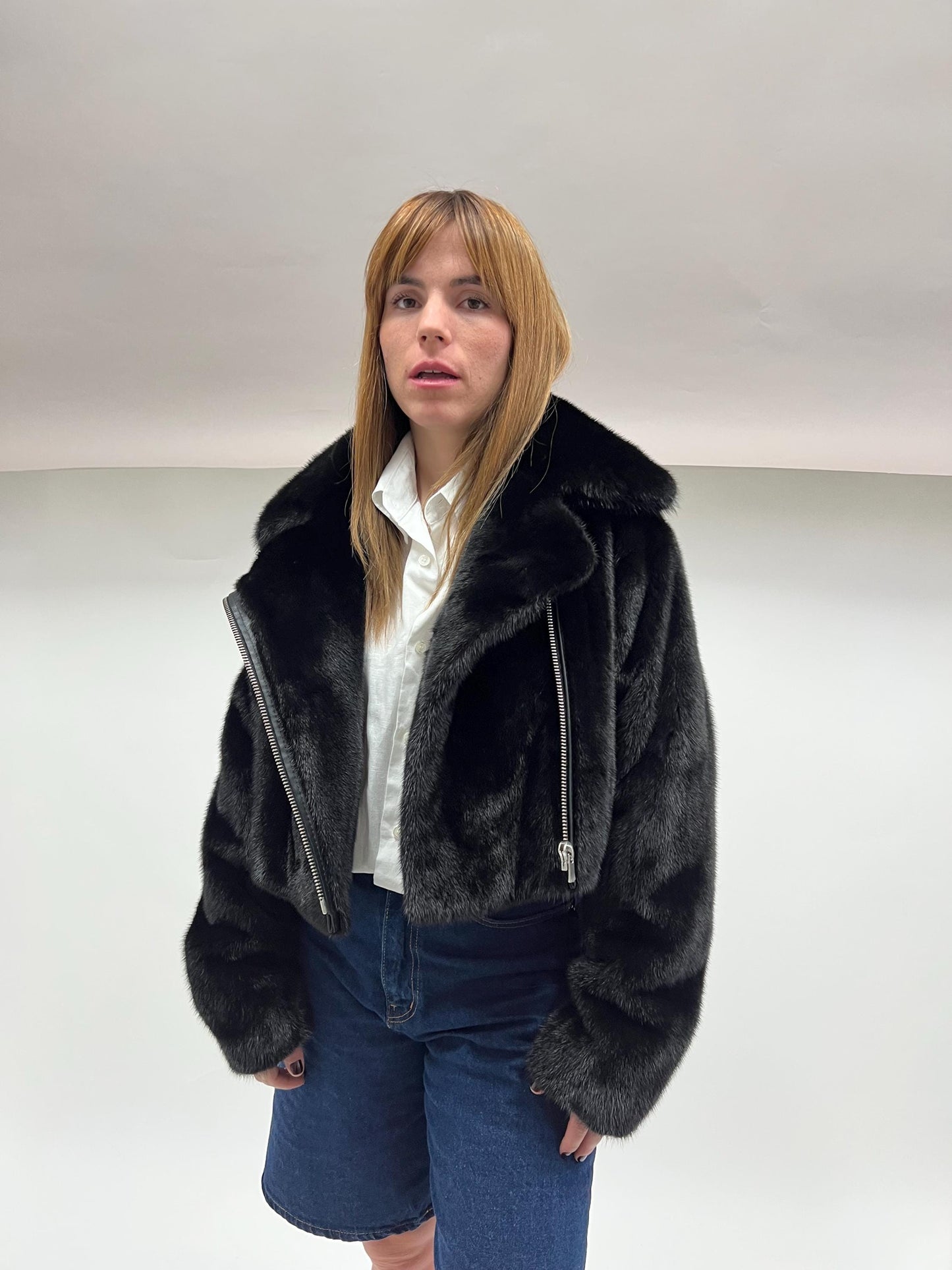 Black Mink Fur Biker Jacket: Saga Fur, Silver Hardware
