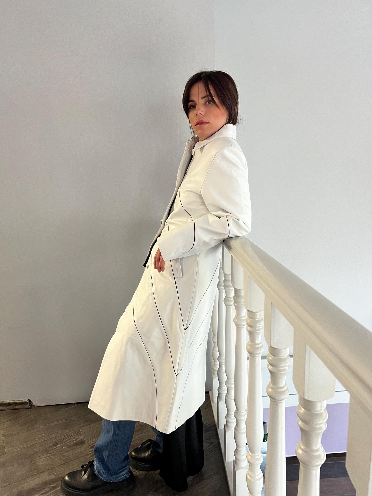 Handmade Nappa Lambskin Leather Coat: White Fitted Silhouette, Made in Greece