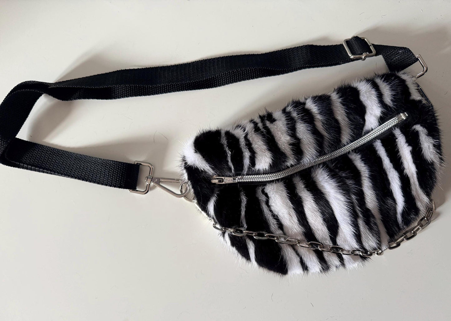 Black and white Mink Fur Bumbag with Chain: Luxury Fanny Pack
