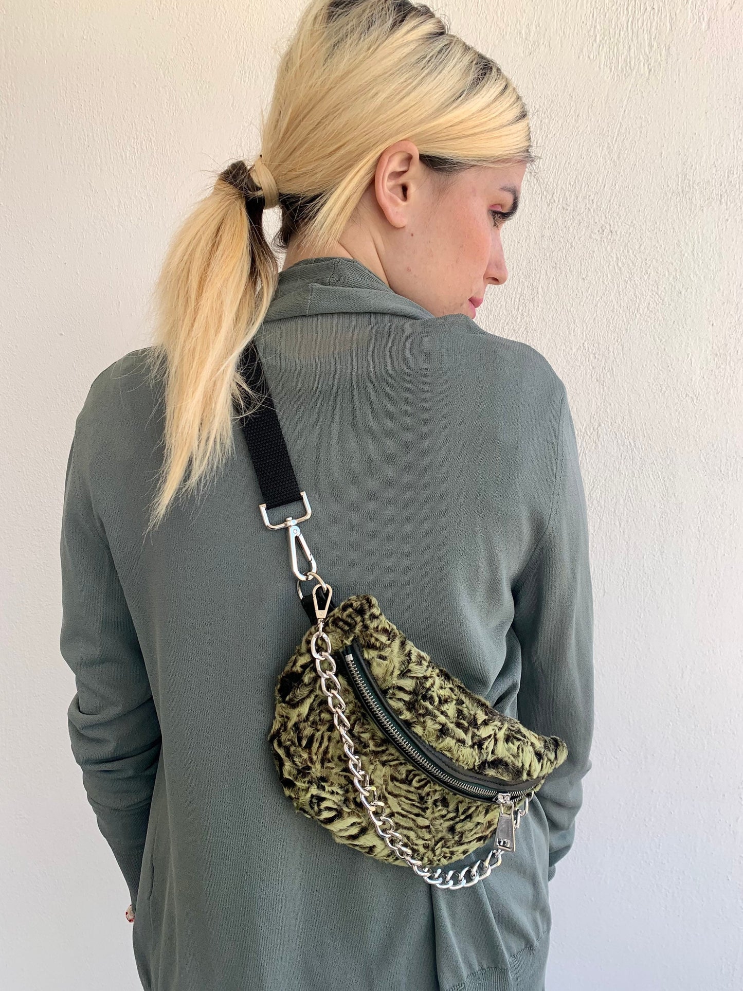 Lime Lamb Fur Bumbag with Chain: Luxury Fanny Pack