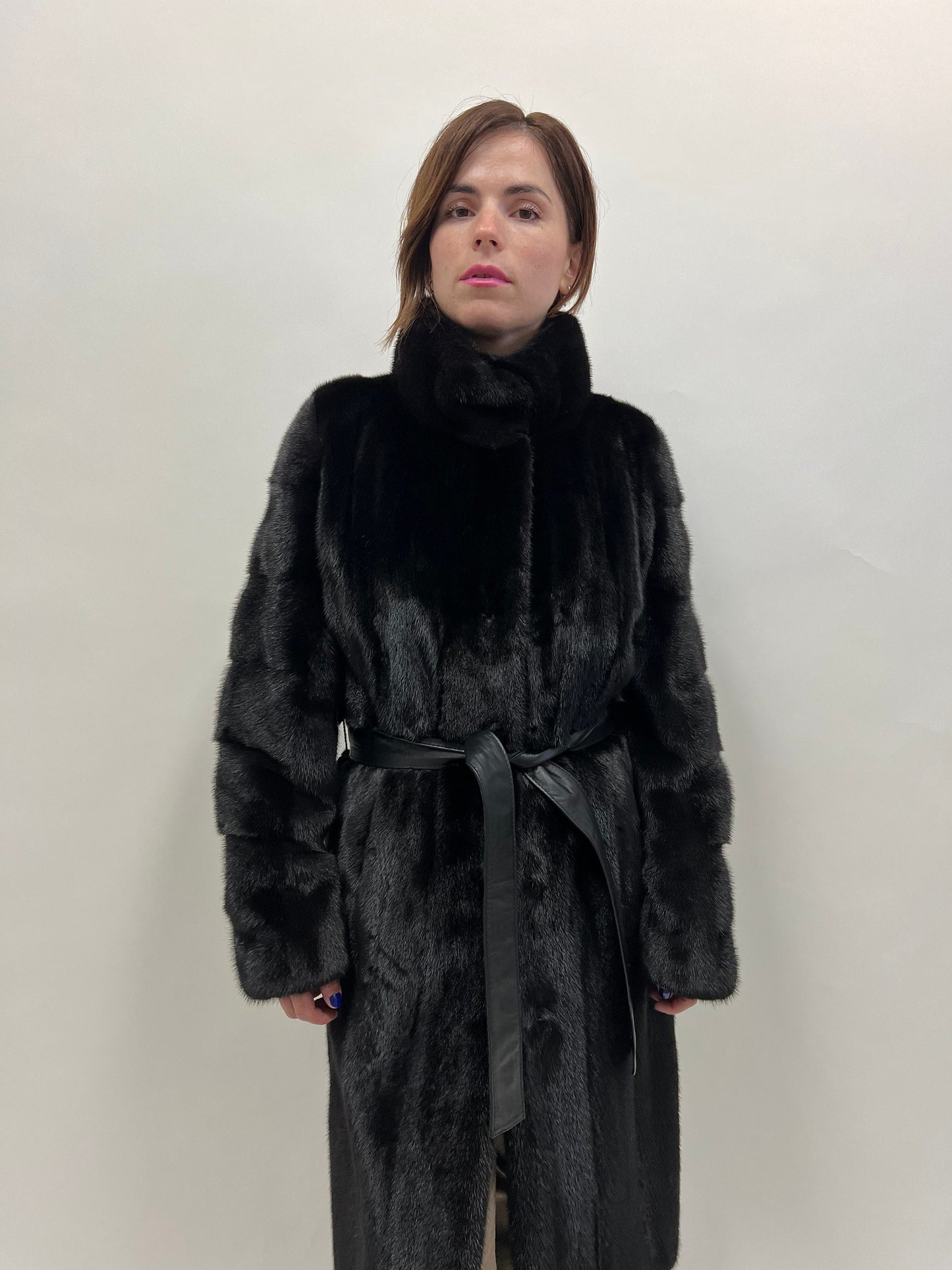 Black Velvet Mink Fur Coat: Nafa Leather Belt, Handmade in Greece