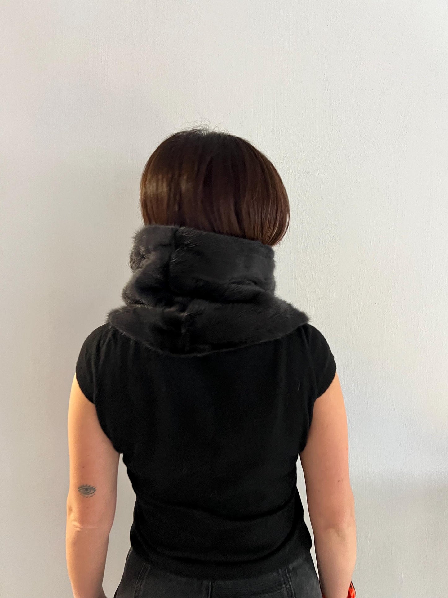 BLACK Mink Fur Cowl: Zipped dark grey Leather Detail Infinity Scarf