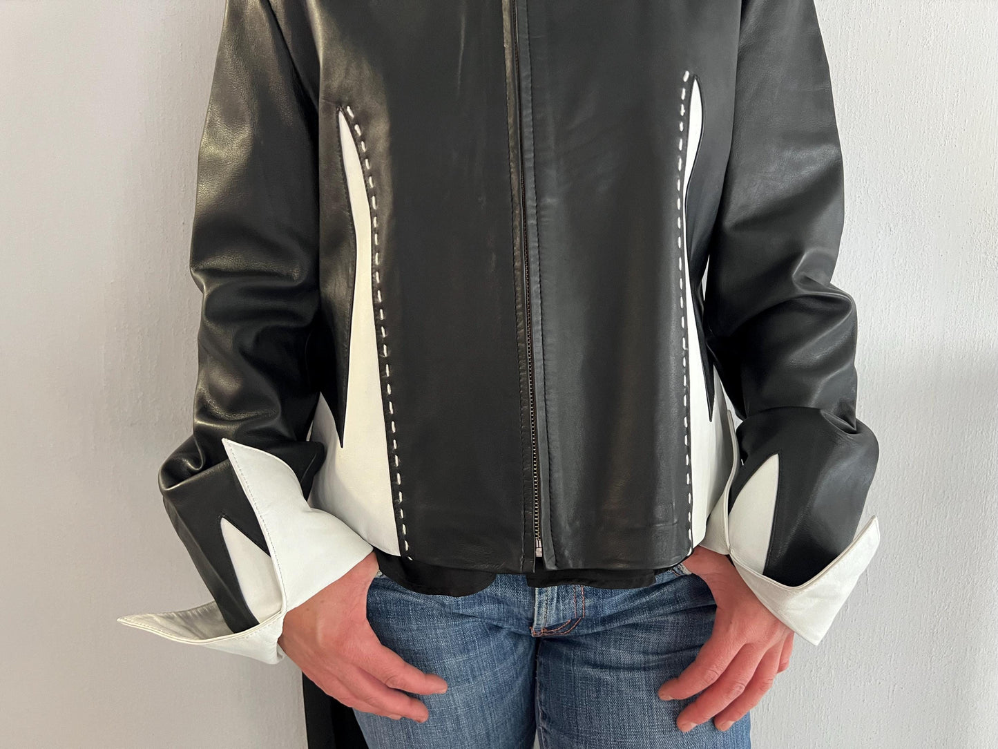 Handmade Lambskin buttery Leather Jacket: Black & White Nappa, Medium