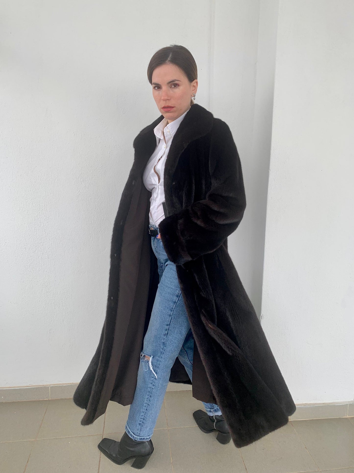 Mahogany Mink Fur Long Coat - Handmade Luxury stroller in full length godet style.