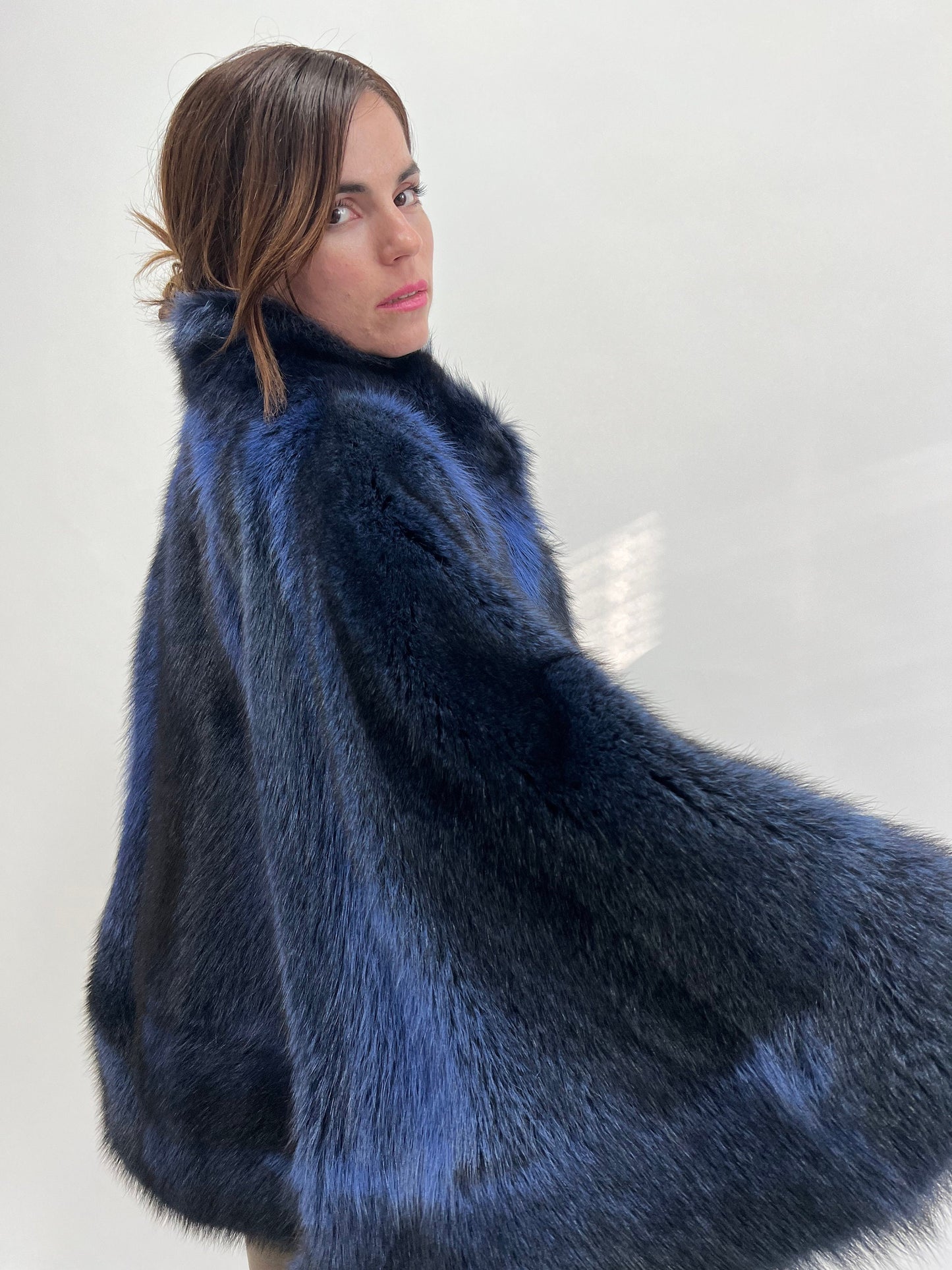 Blue Raccoon Fur Cape with Collar: Navy & Black Luxury Fur Gift