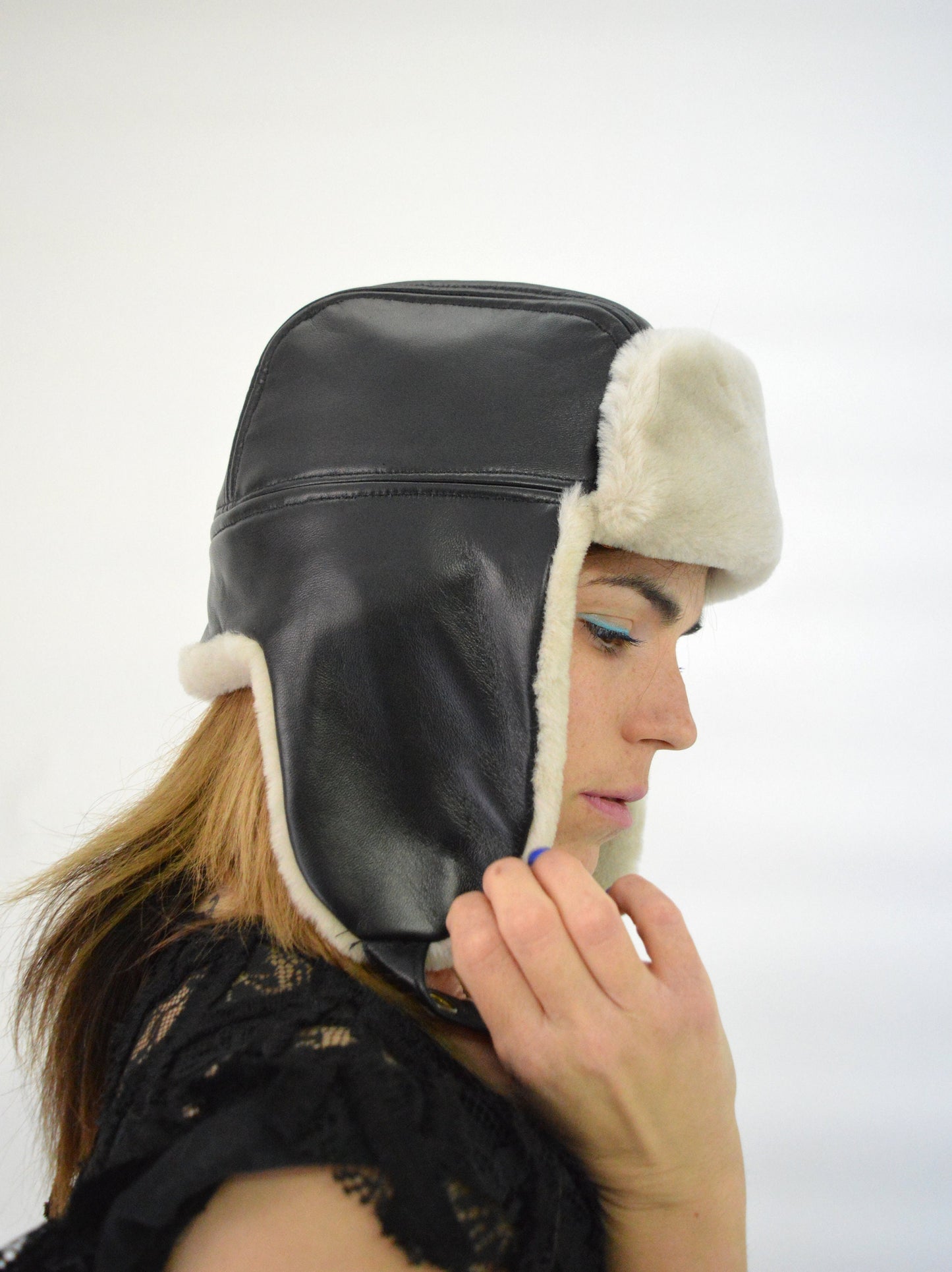 Shearling Fur Trapper Hat: Cream & Bordeaux Sheepskin Aviator Style