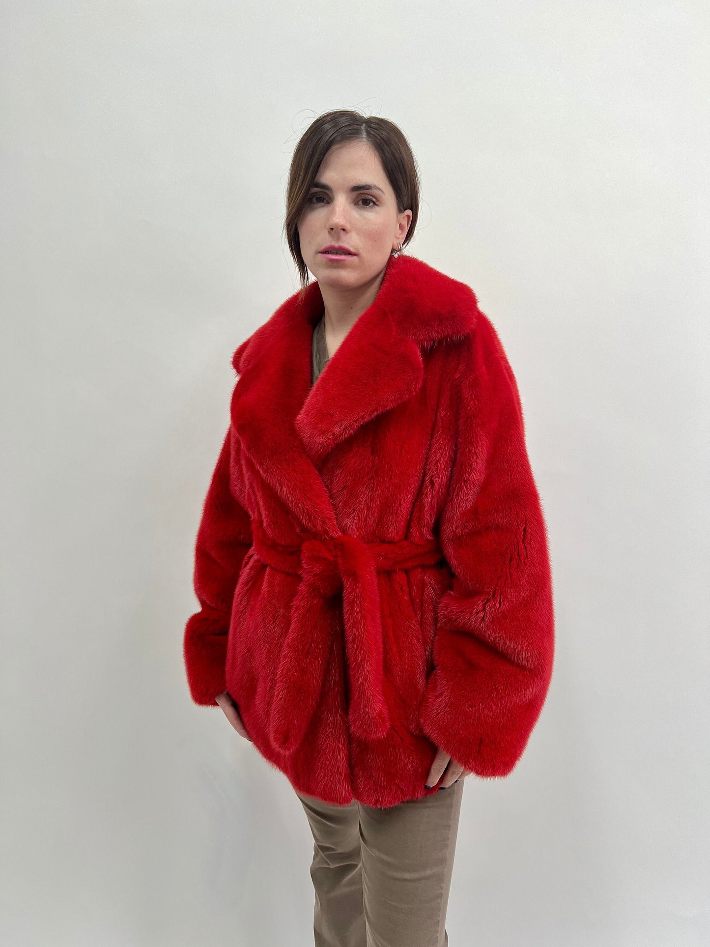 Fire Red Mink Fur Coat: Saga Quality Belted Jacket