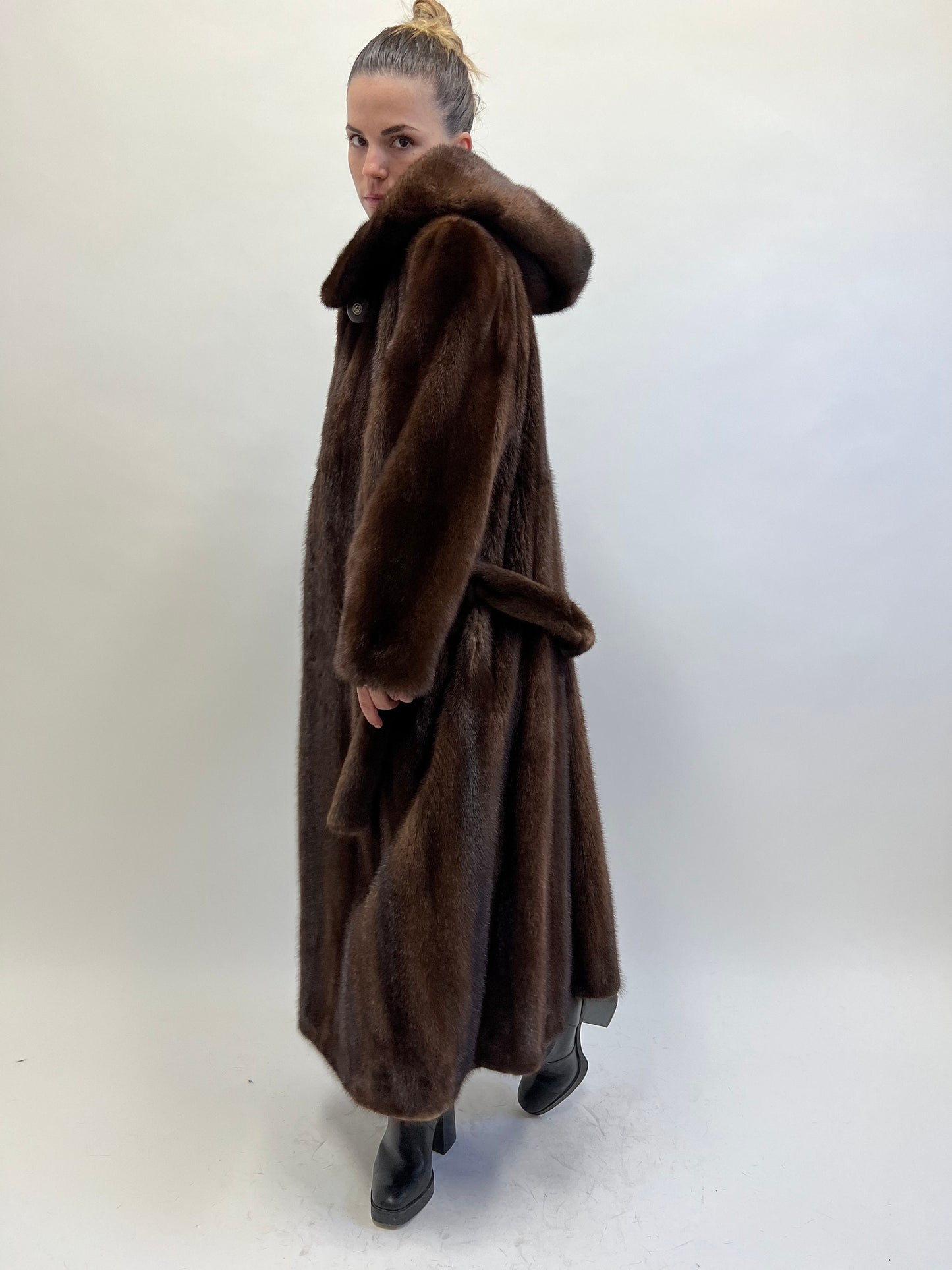 Brown Mink Fur Hooded Coat: Demi Buff Long Stroller, Belted