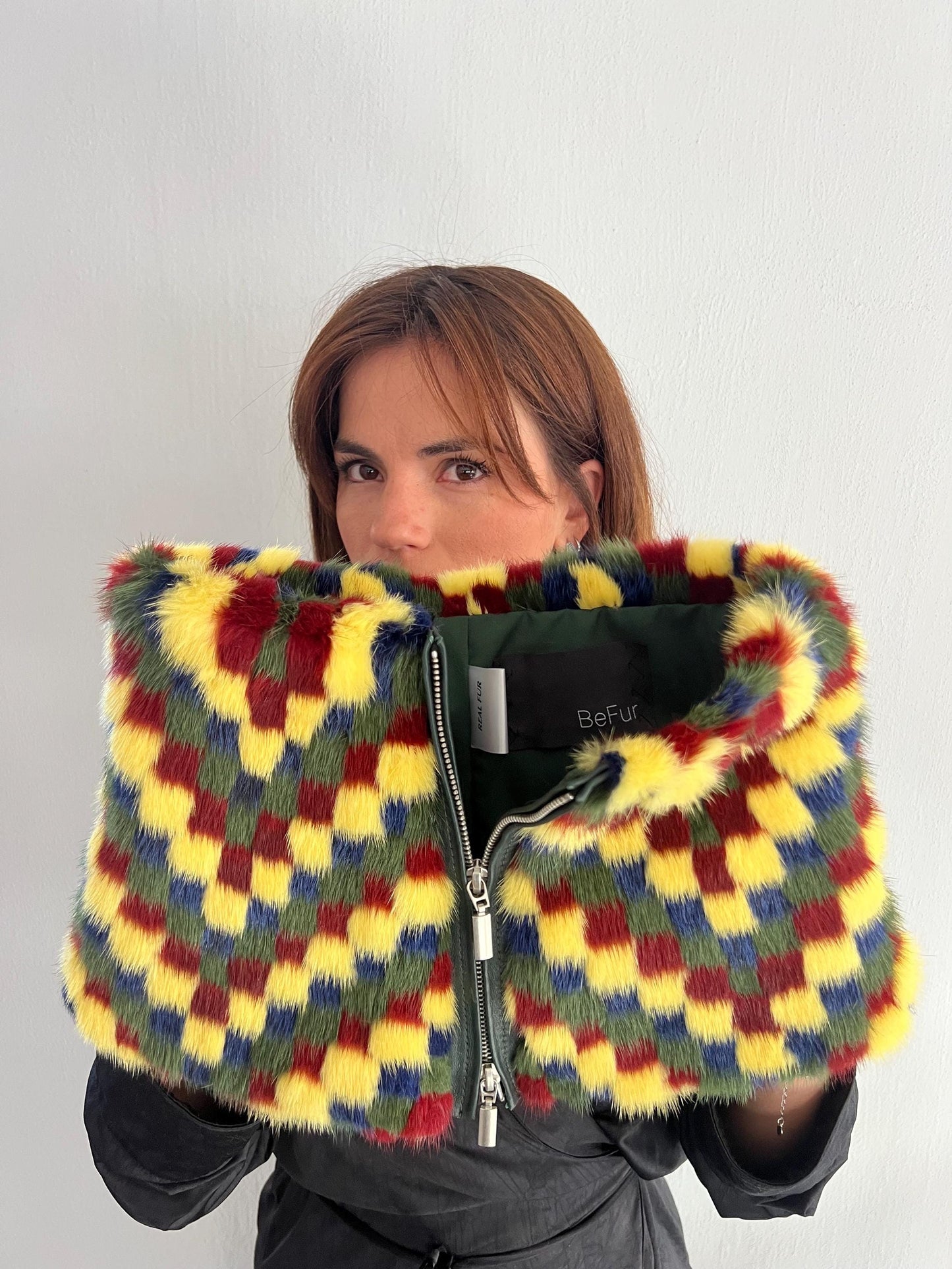 Multicolor Mink Fur Cowl Scarf: Zipped Leather Detail, Handmade