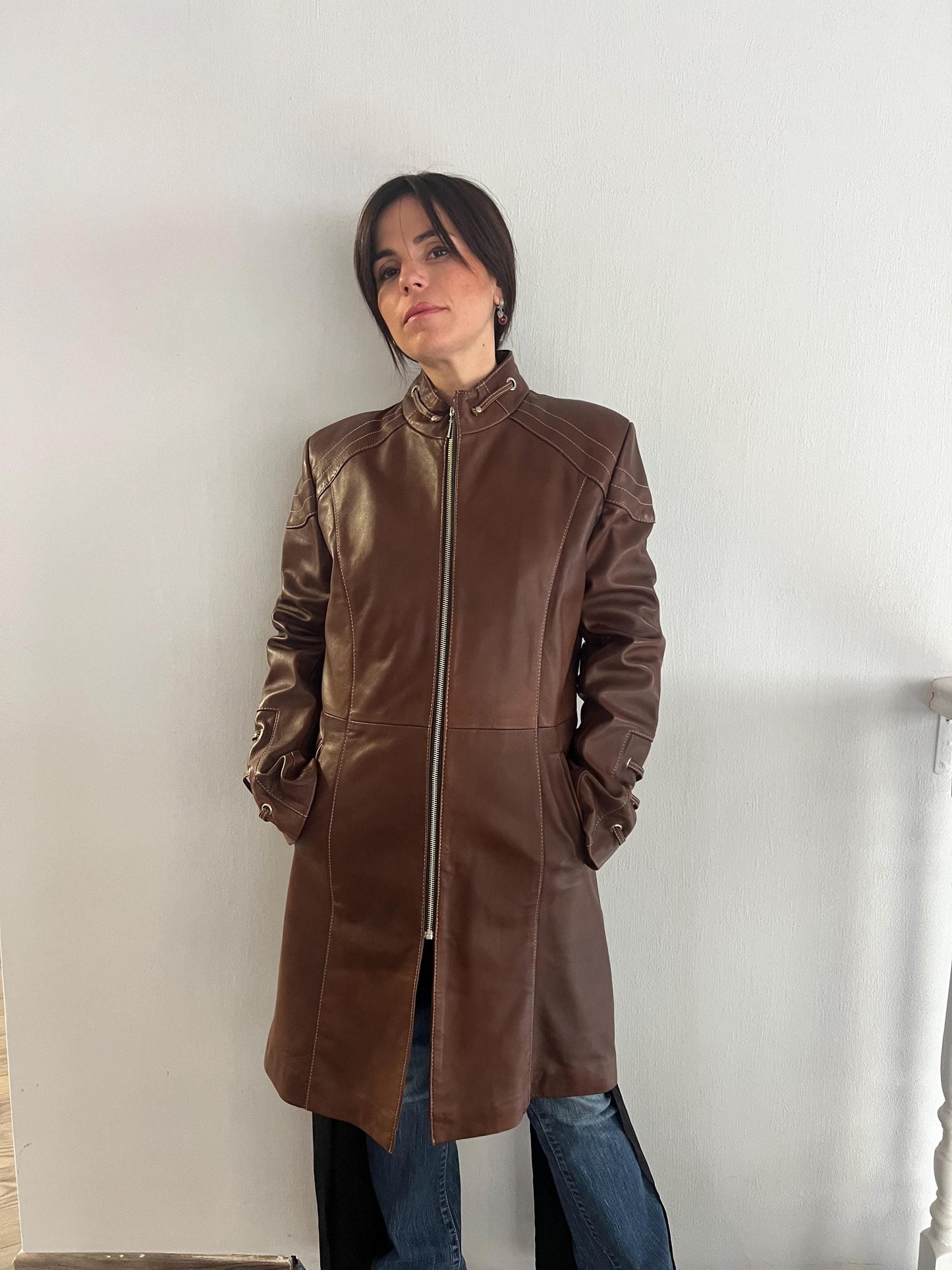 Handmade Nappa Lamb Leather Coat: Tobacco Brown Zip Front