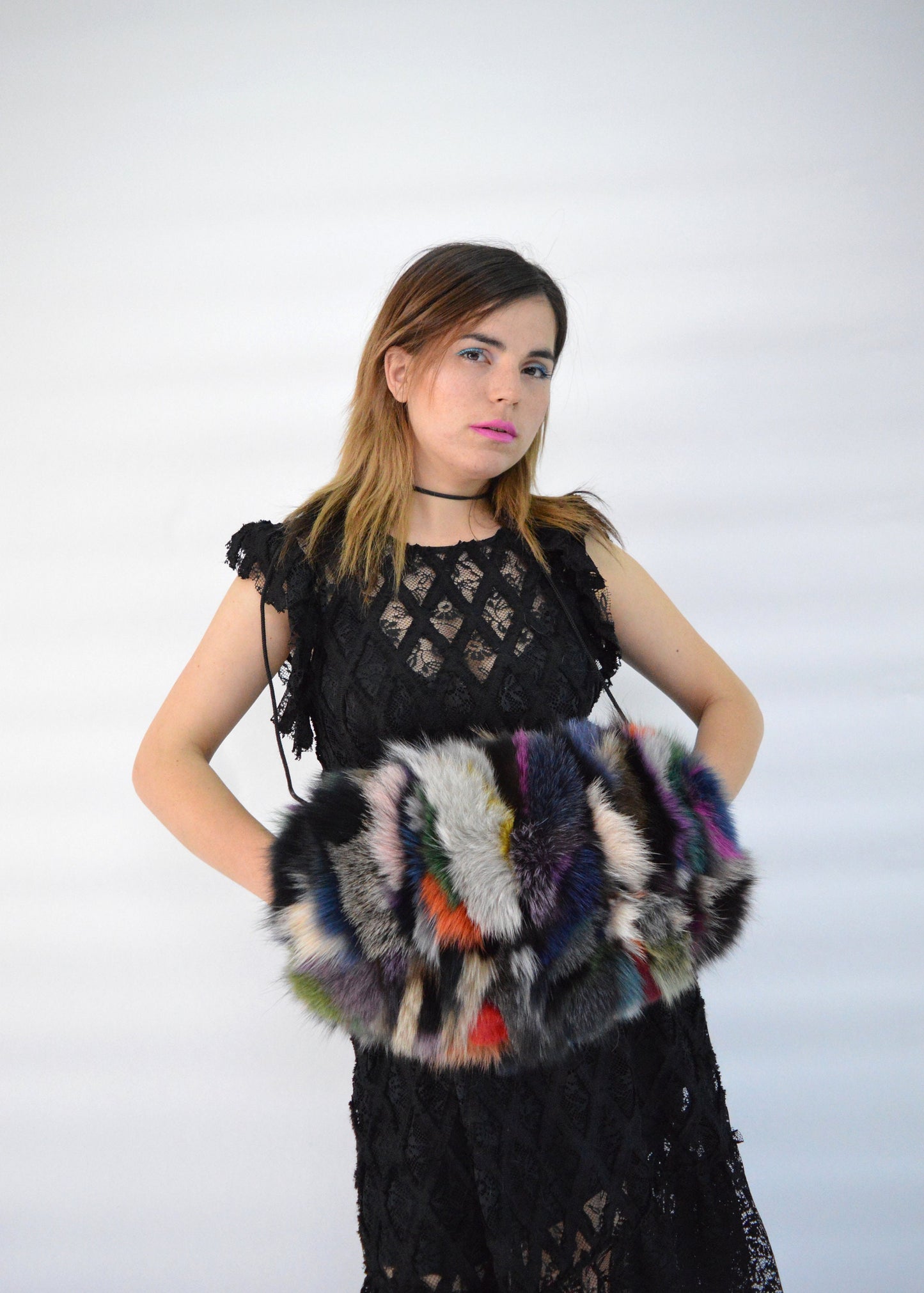 Multicoloured Fox Fur Hand Muff: Luxury Warmer with Pocket