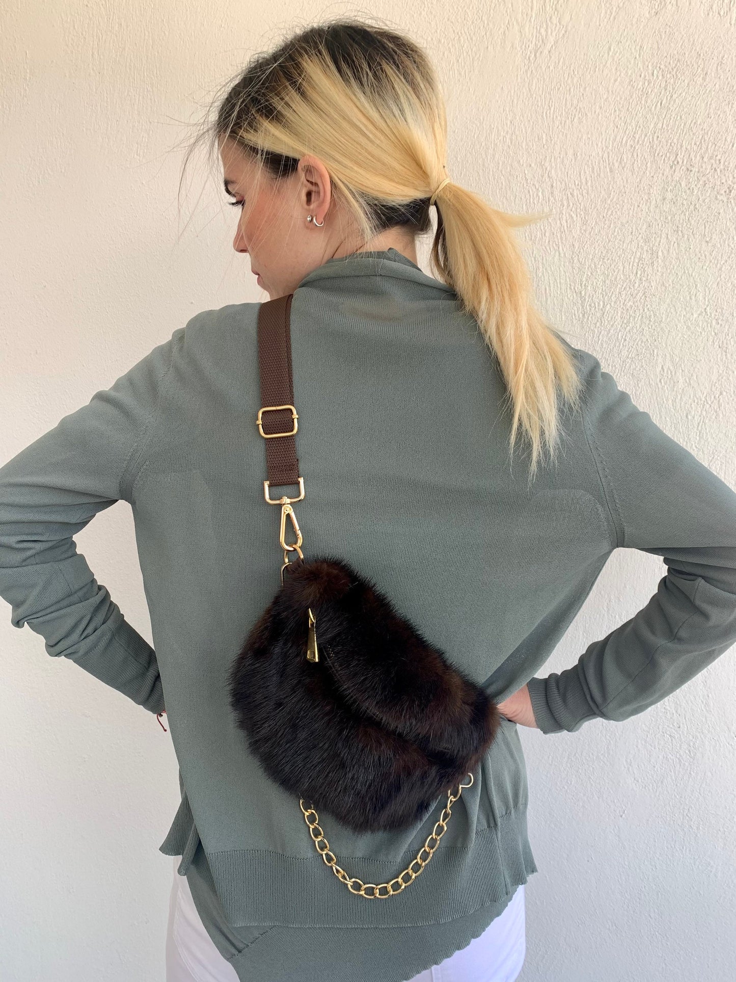 Real Mink Fur Bumbag: Brown Fanny Pack with Chain