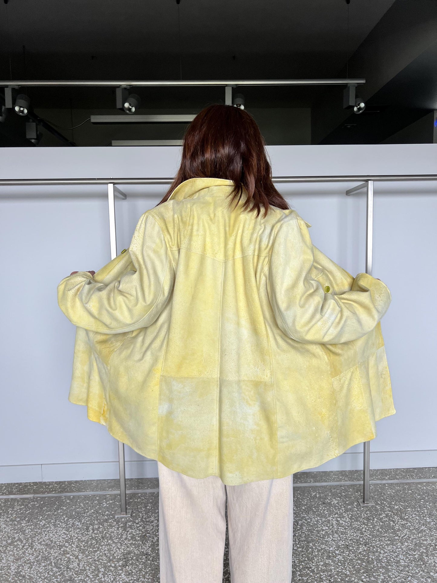 Lime suede leather distressed overshirt. Light genuinely leather: Handmade blazer with external pockets.