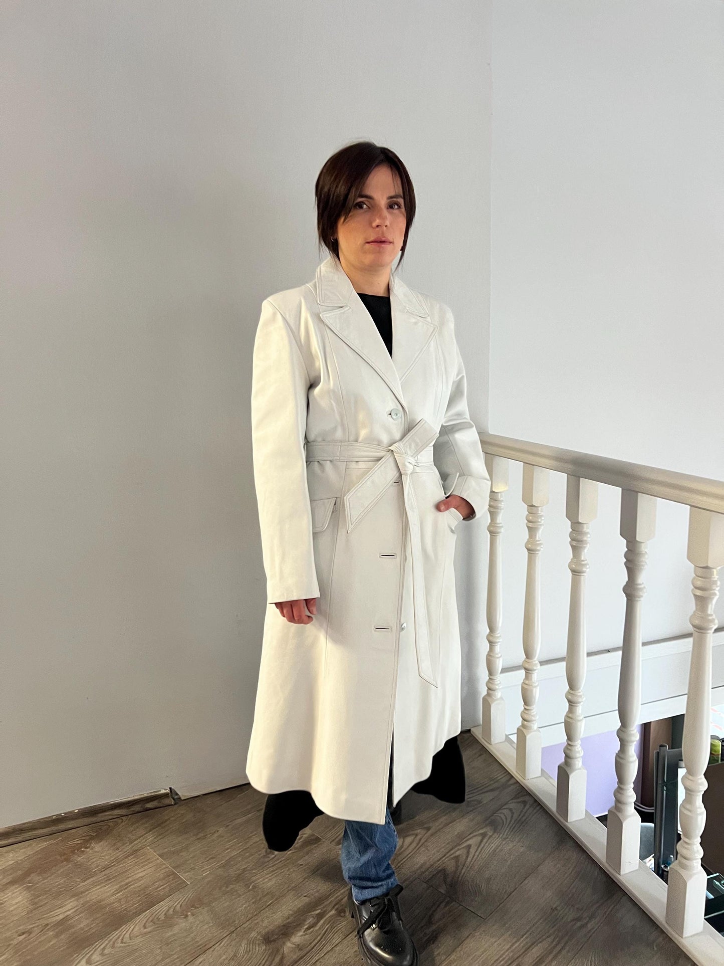 Handmade Nappa Lambskin Leather Coat: White Wrap Belted Jacket