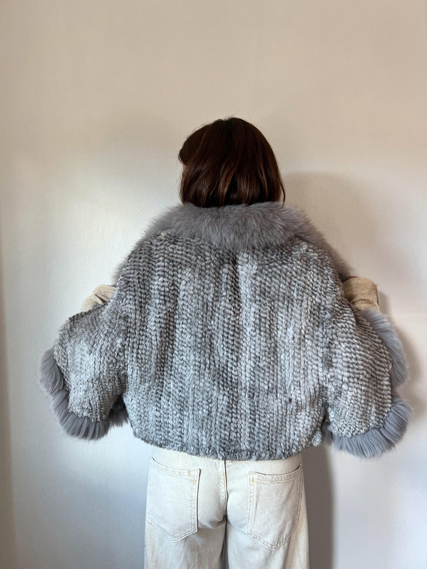 Handwoven Mink Fur Cape with Fox Fur Trim - Light Gray Poncho