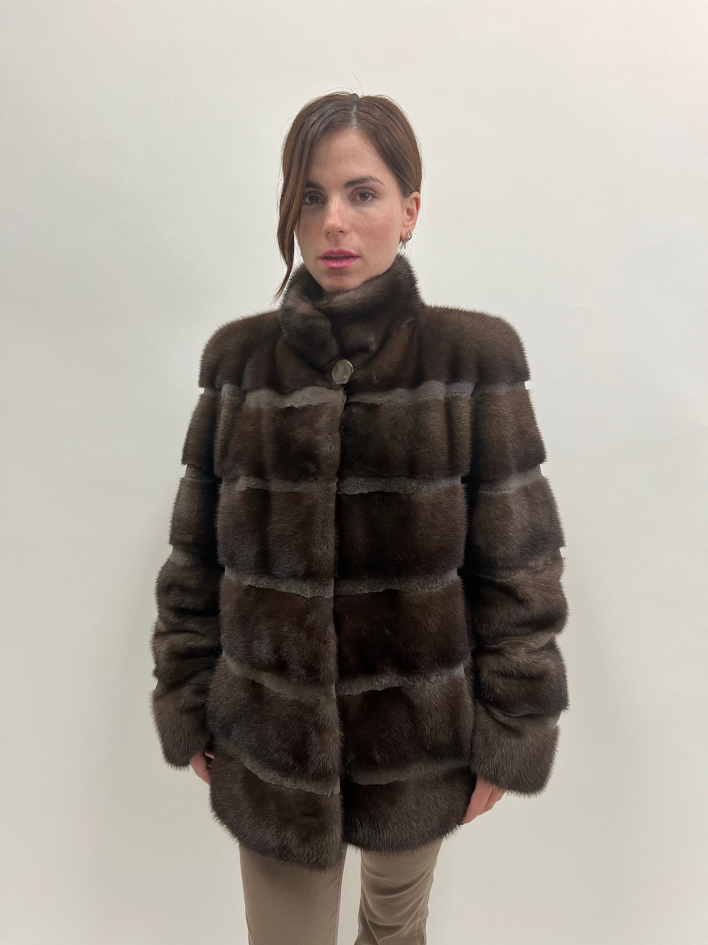 Brown Mink Fur Coat, Saga Sheared Trim, Handmade in Greece