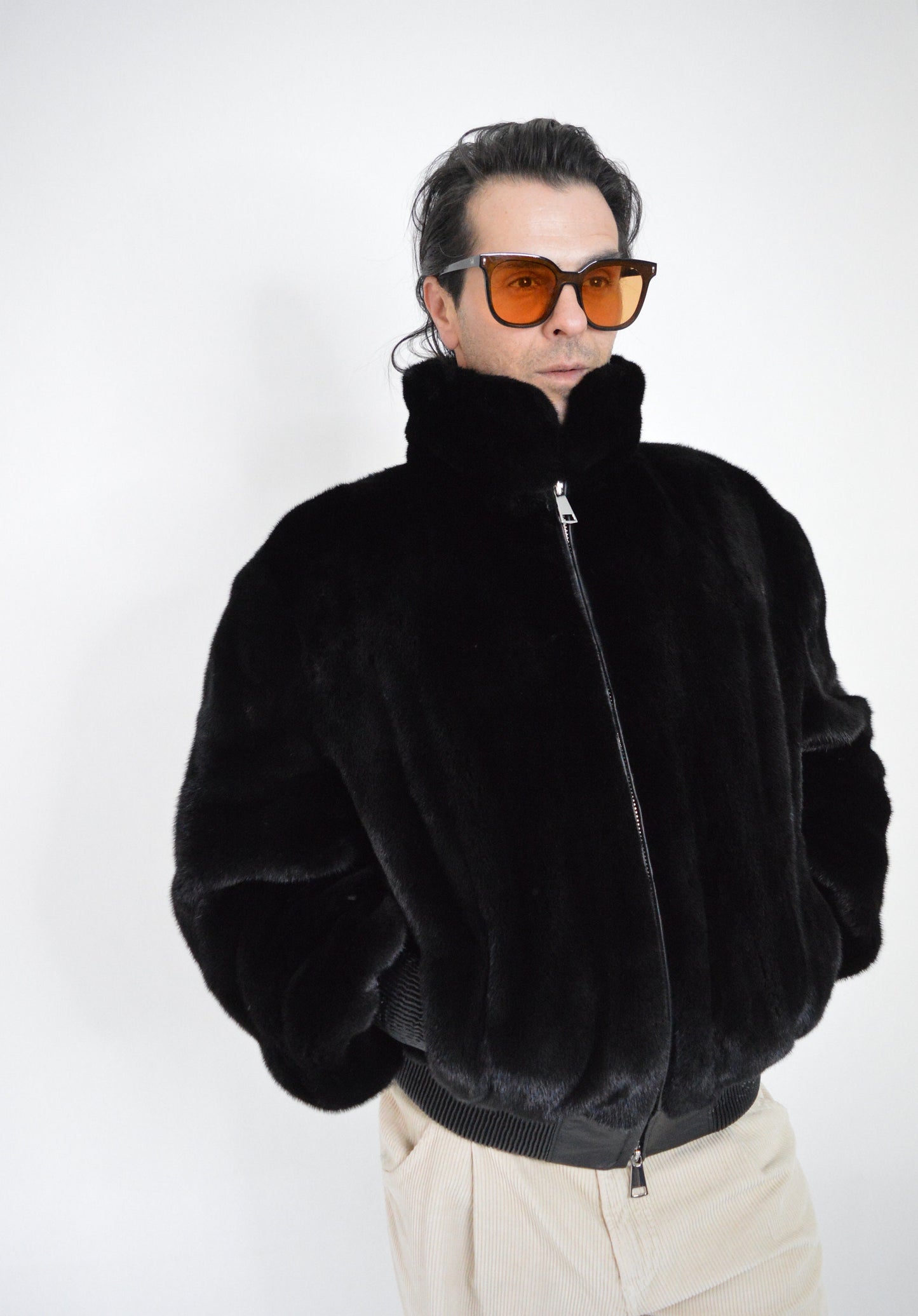 Velvet Mink Bomber Jacket: Black Saga velvet for men with Leather Details