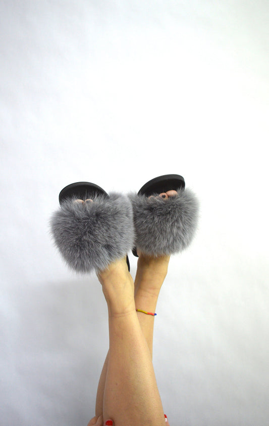 Grey Fox Fur Slides: Fluffy Pool Slippers