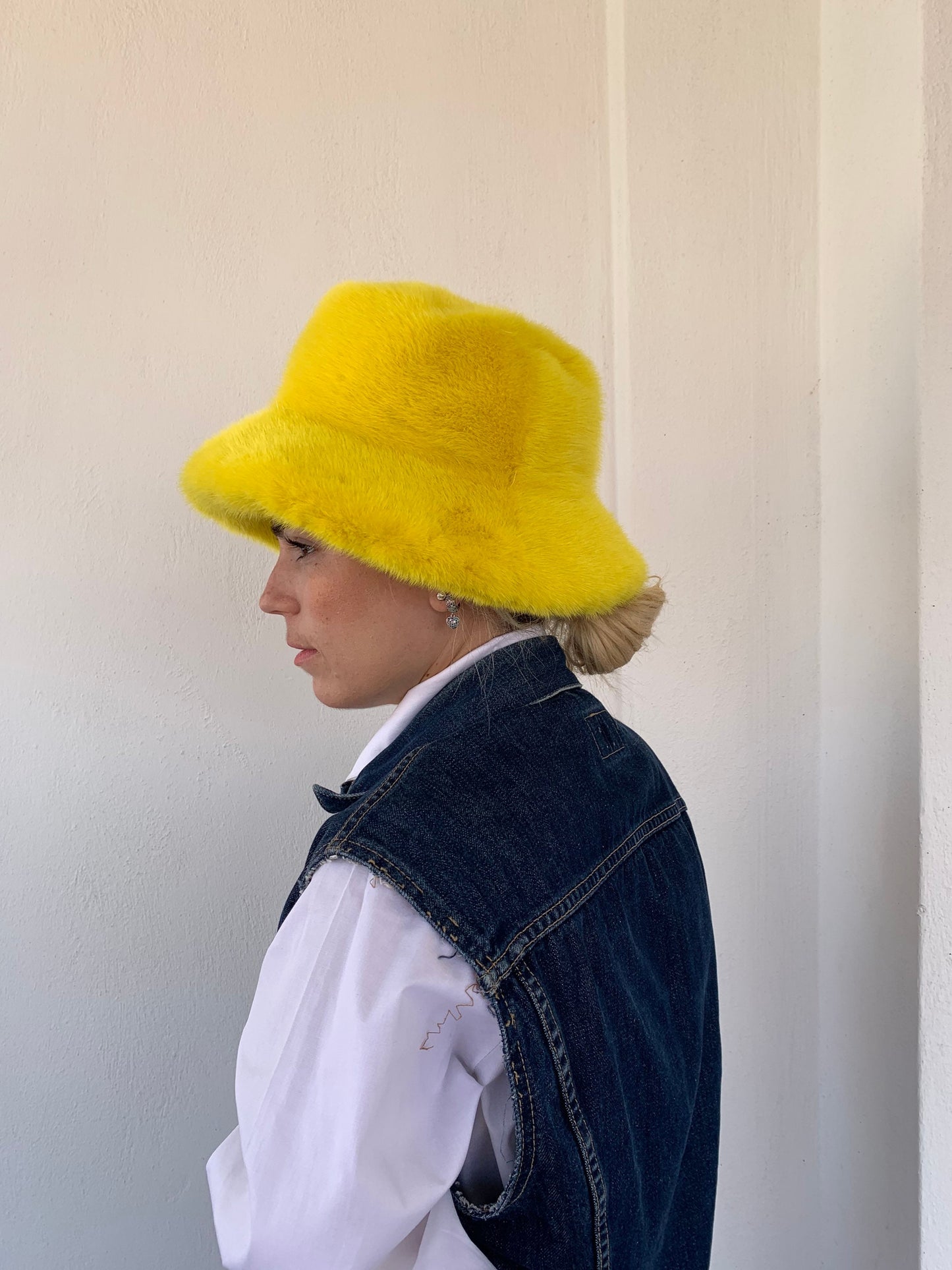 Handmade Yellow Mink Fur Bucket Hat: Luxury Winter Warmer