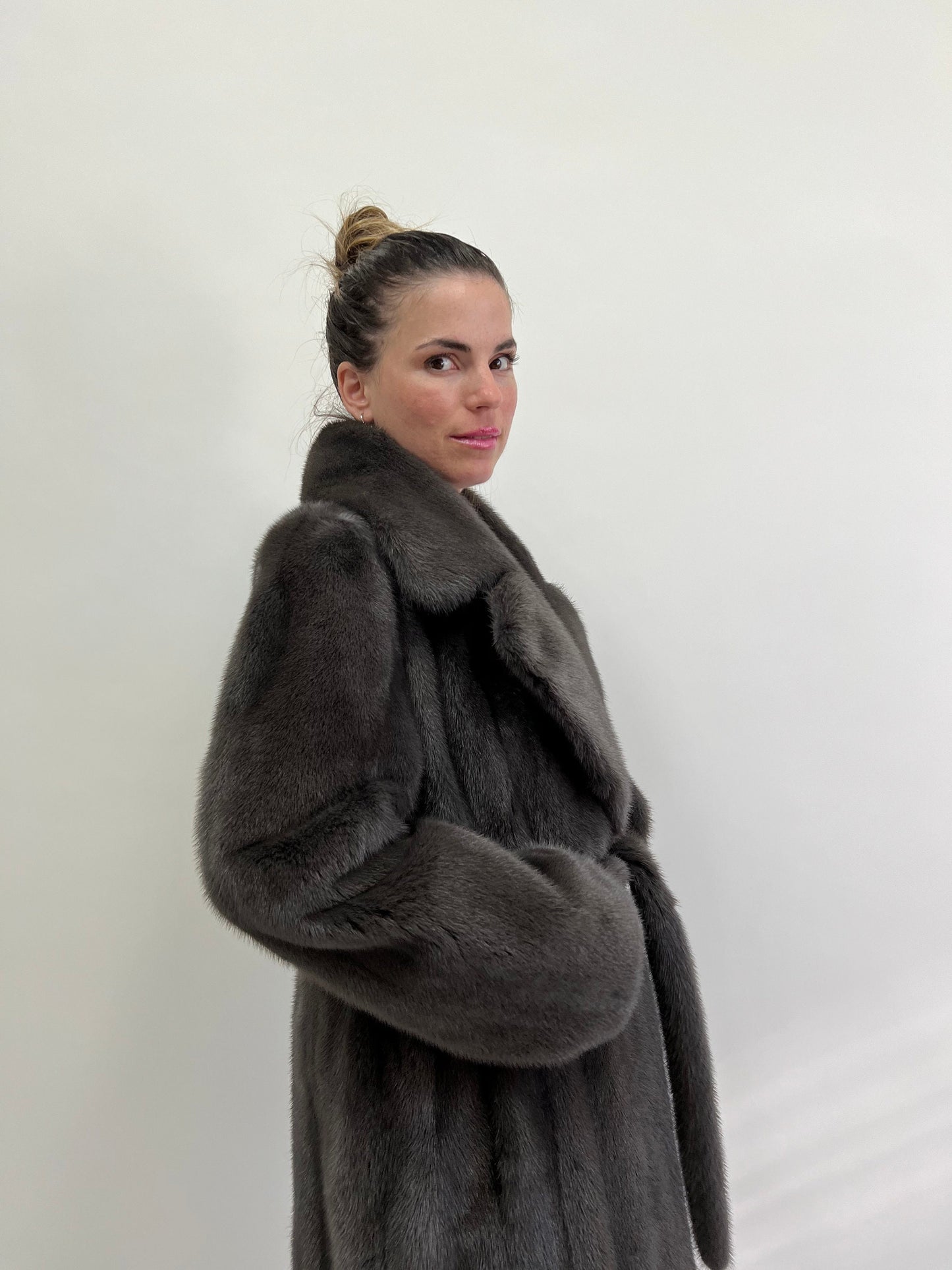 Real Graphite Mink Fur Long Coat: Belted Copenhagen Fur, Handmade