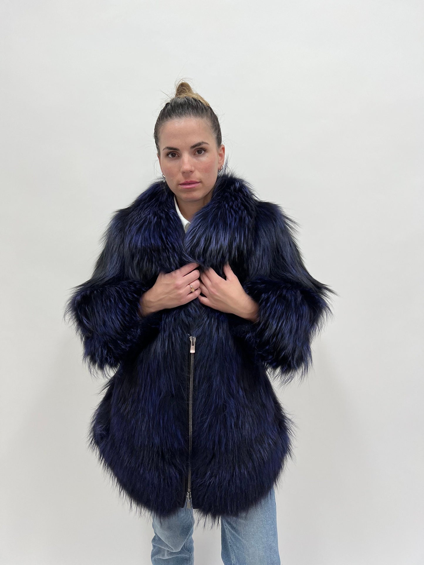 Real Navy Blue Fox Fur Coat: Luxury Women's Stroller, Size Large