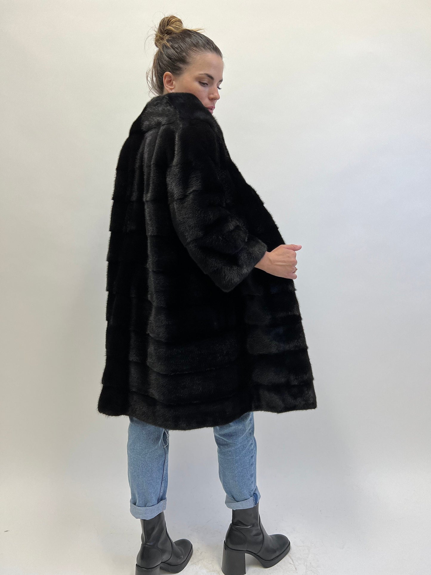 Real Mink Fur Coat: Black Horizontal Full Skin Jacket