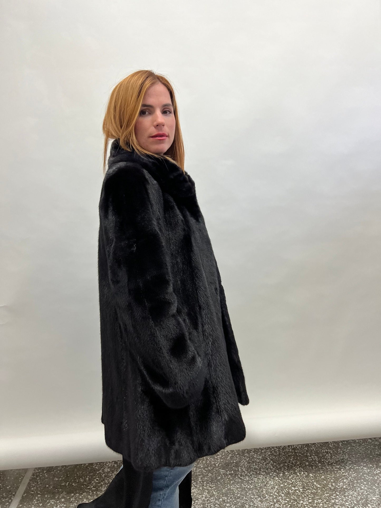 Black Saga Mink Fur Coat, Luxury Texture, Hooks Closure