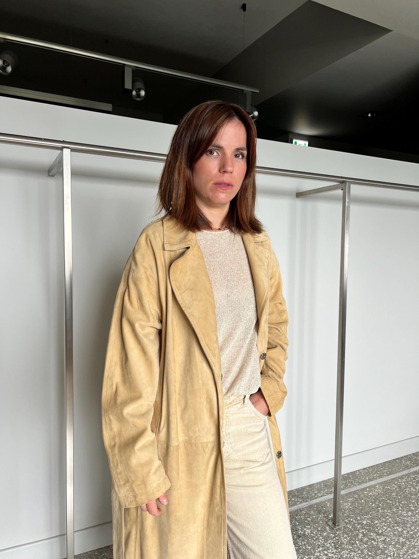 Handmade Beige Suede Leather Coat: Distressed Genuine Leather, Size Large