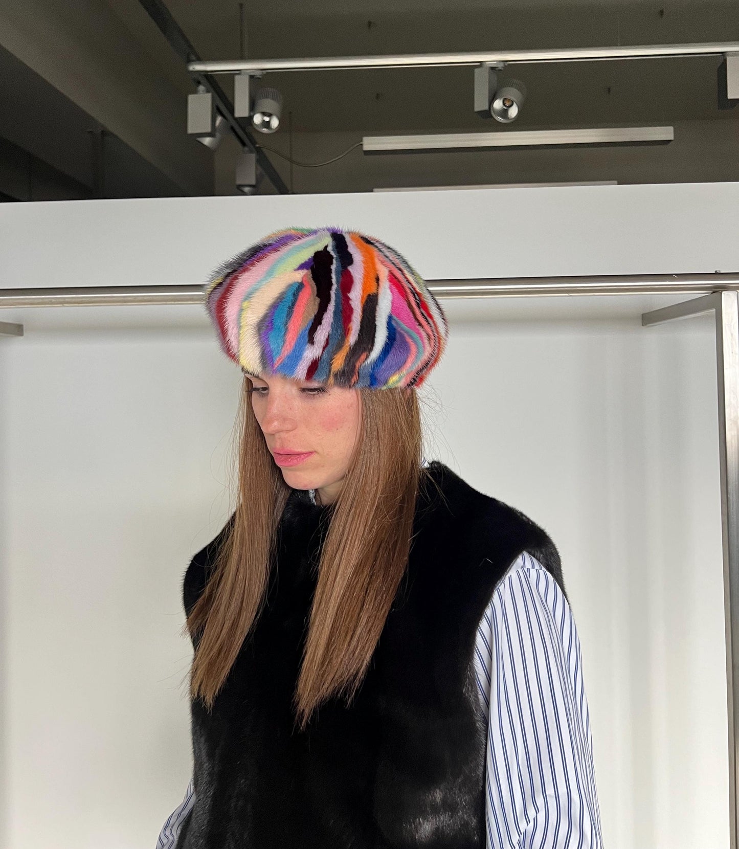 Handmade Multicolored Mink Fur Beret: Stylish Winter Hat