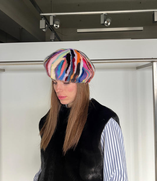 Handmade Multicolored Mink Fur Beret: Stylish Winter Hat