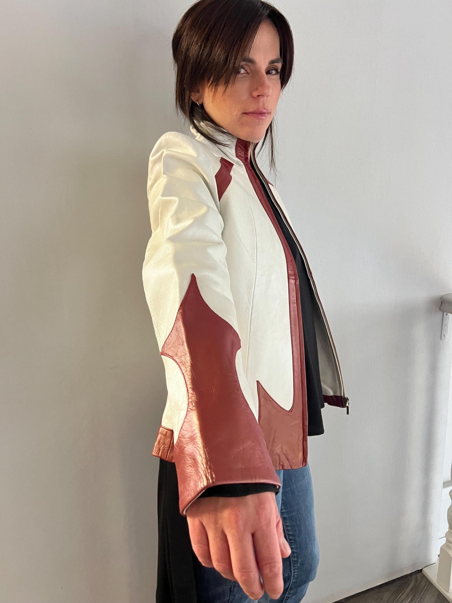 Handmade Lambskin Leather Jacket: Cream White Nappa with Bordeaux Details (XS)