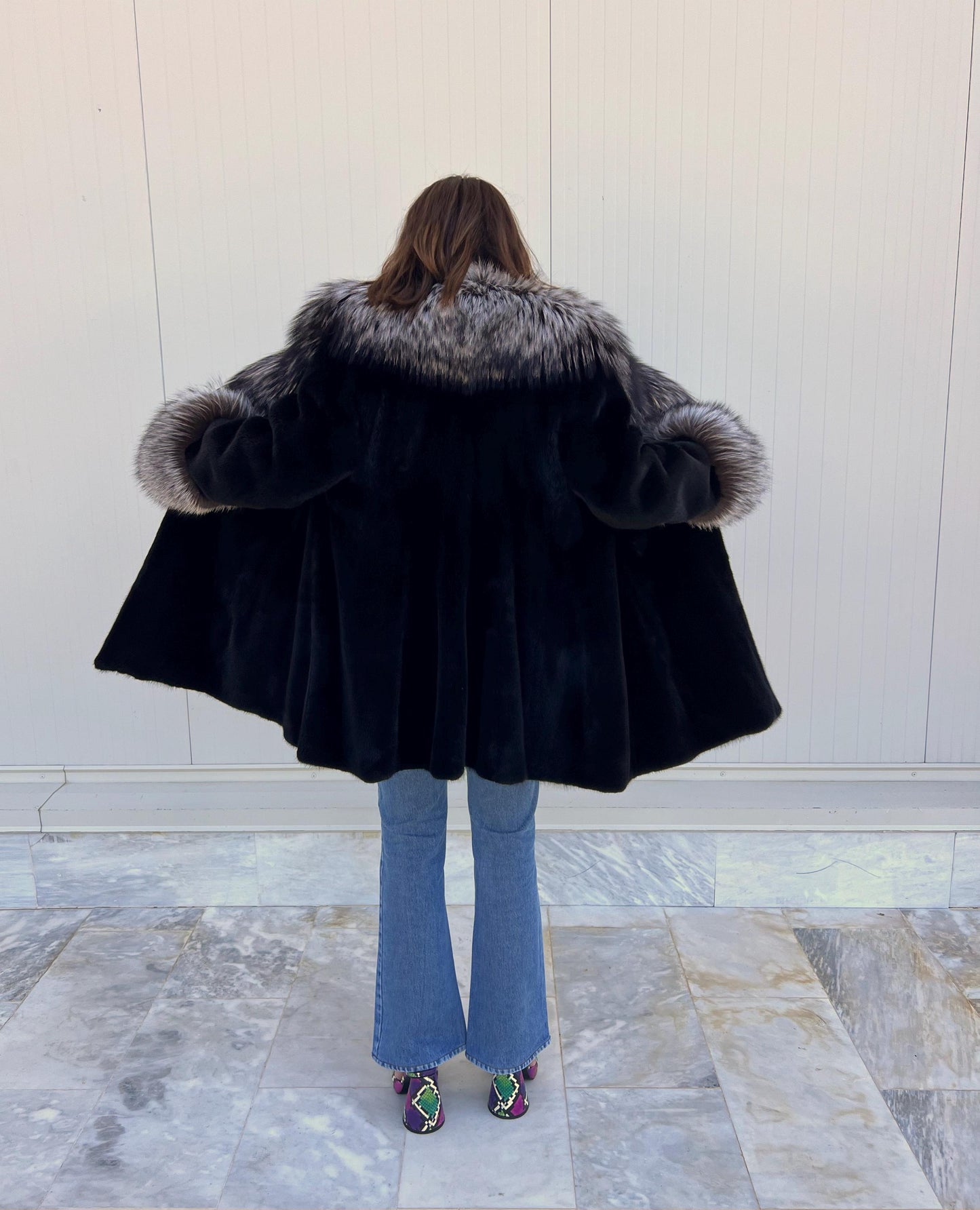 Blackglama Mink Fur Stroller Coat: Silver Fox Collar & Cuffs, Handmade Luxury Jacket (Large)