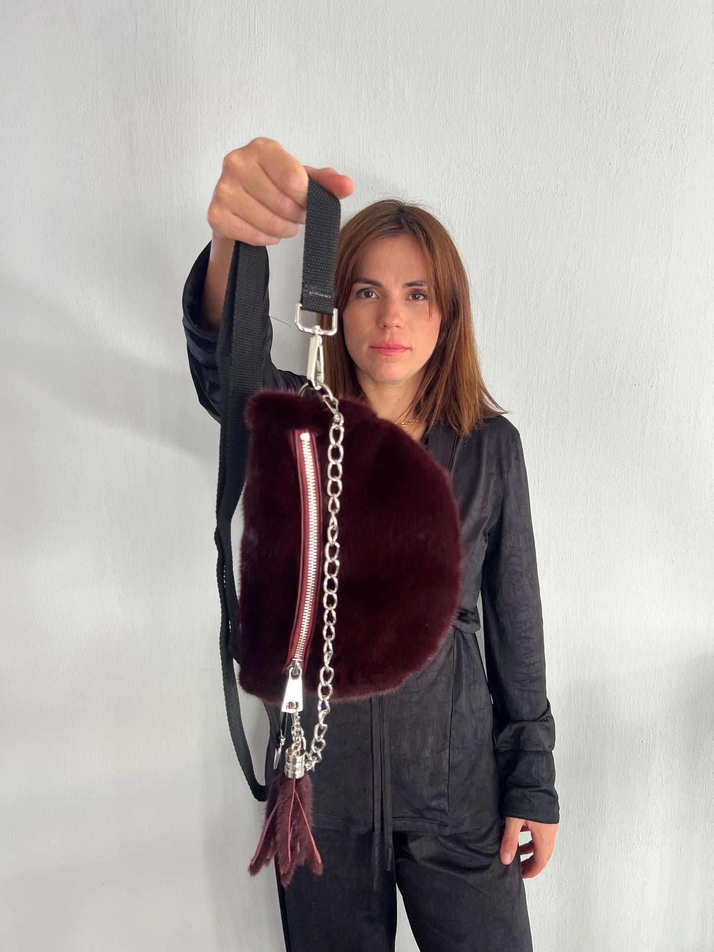 Burgundy Mink Fur Bumbag with Chain, Luxury Fanny Bag