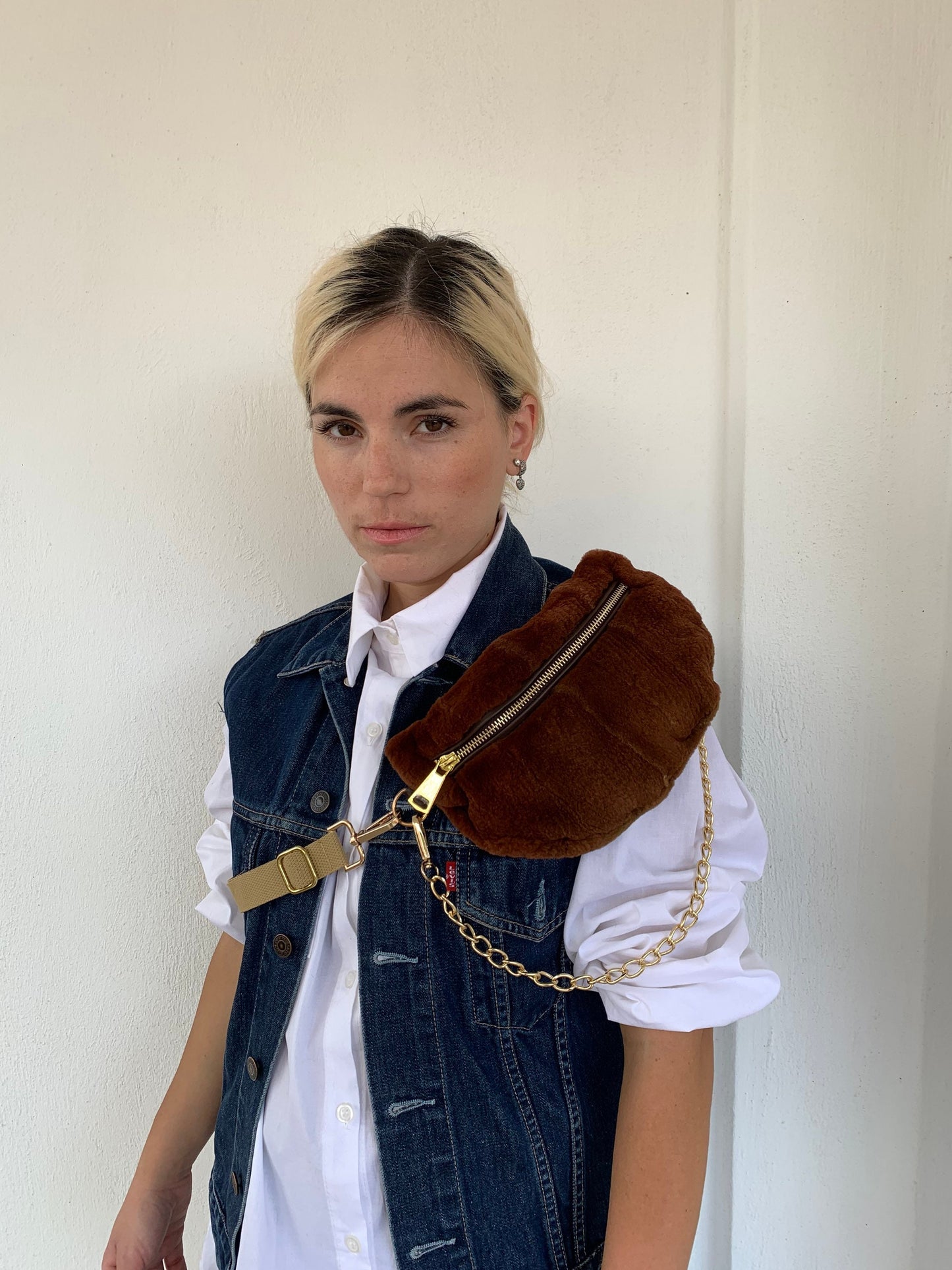 Cognac Mink Fur Bumbag with Chain: Luxury Fanny Pack
