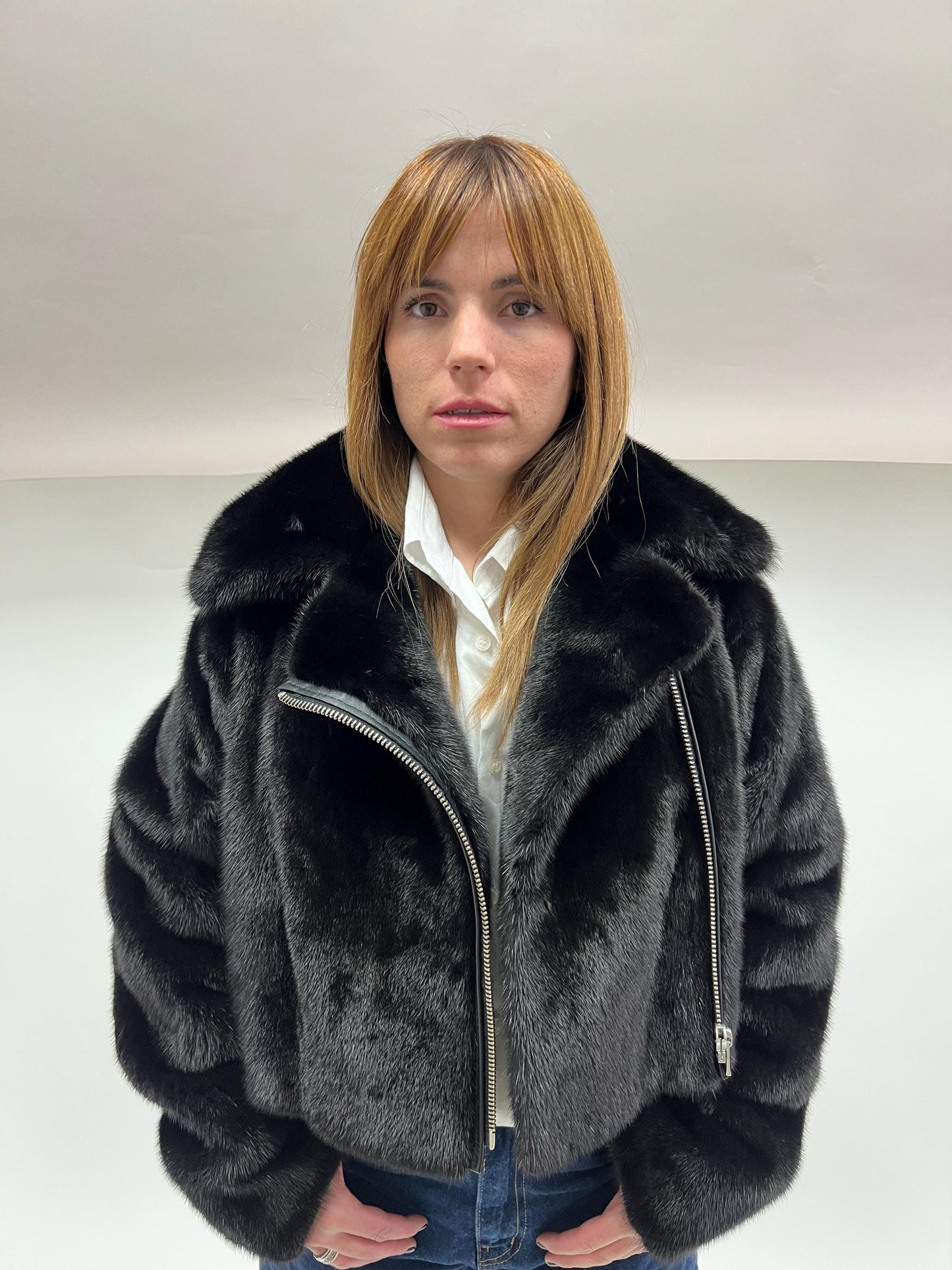 Black Mink Fur Biker Jacket: Saga Fur, Silver Hardware