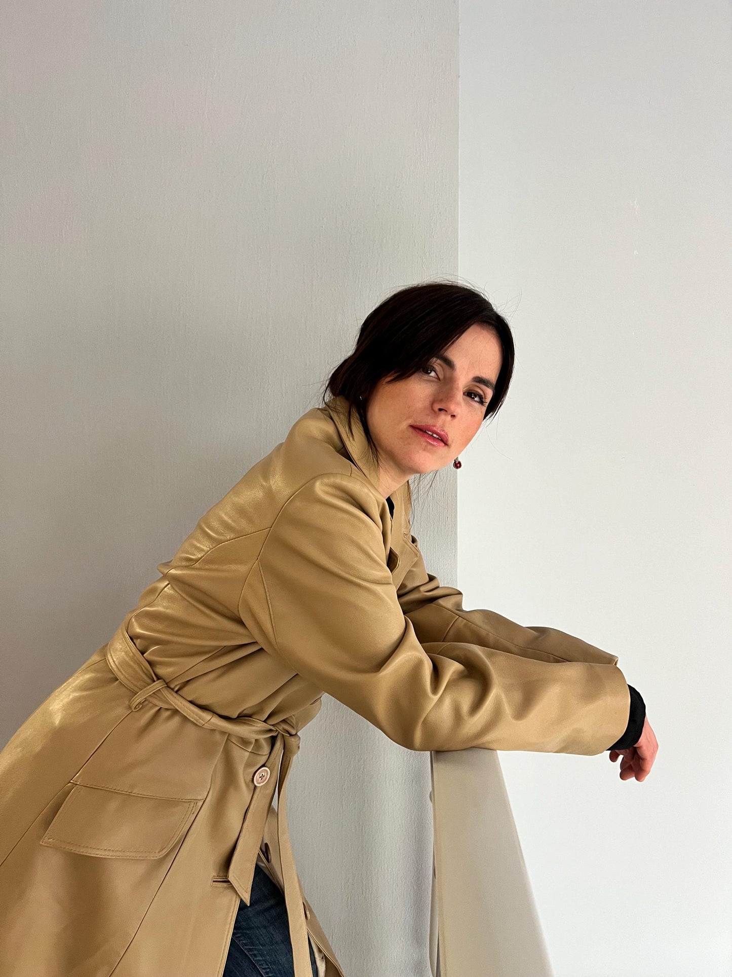 Handmade Nappa Lamb buttery  Leather Coat: Genuine Camel Leather Tie-Wrap, Made in Greece
