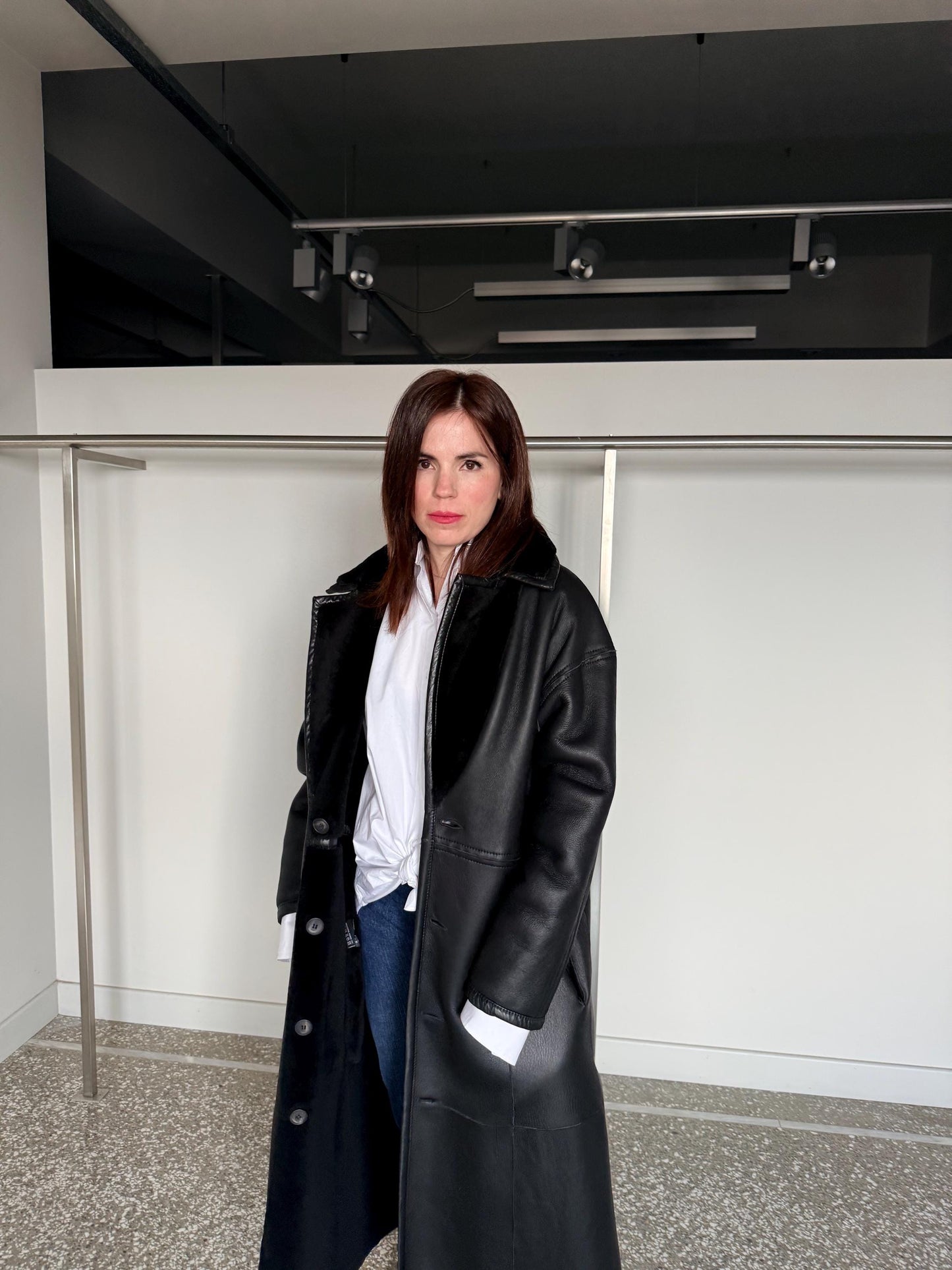 Reversible Black Shearling Fur coat :Extremely warm Sheepskin long Coat with genuine leather.
