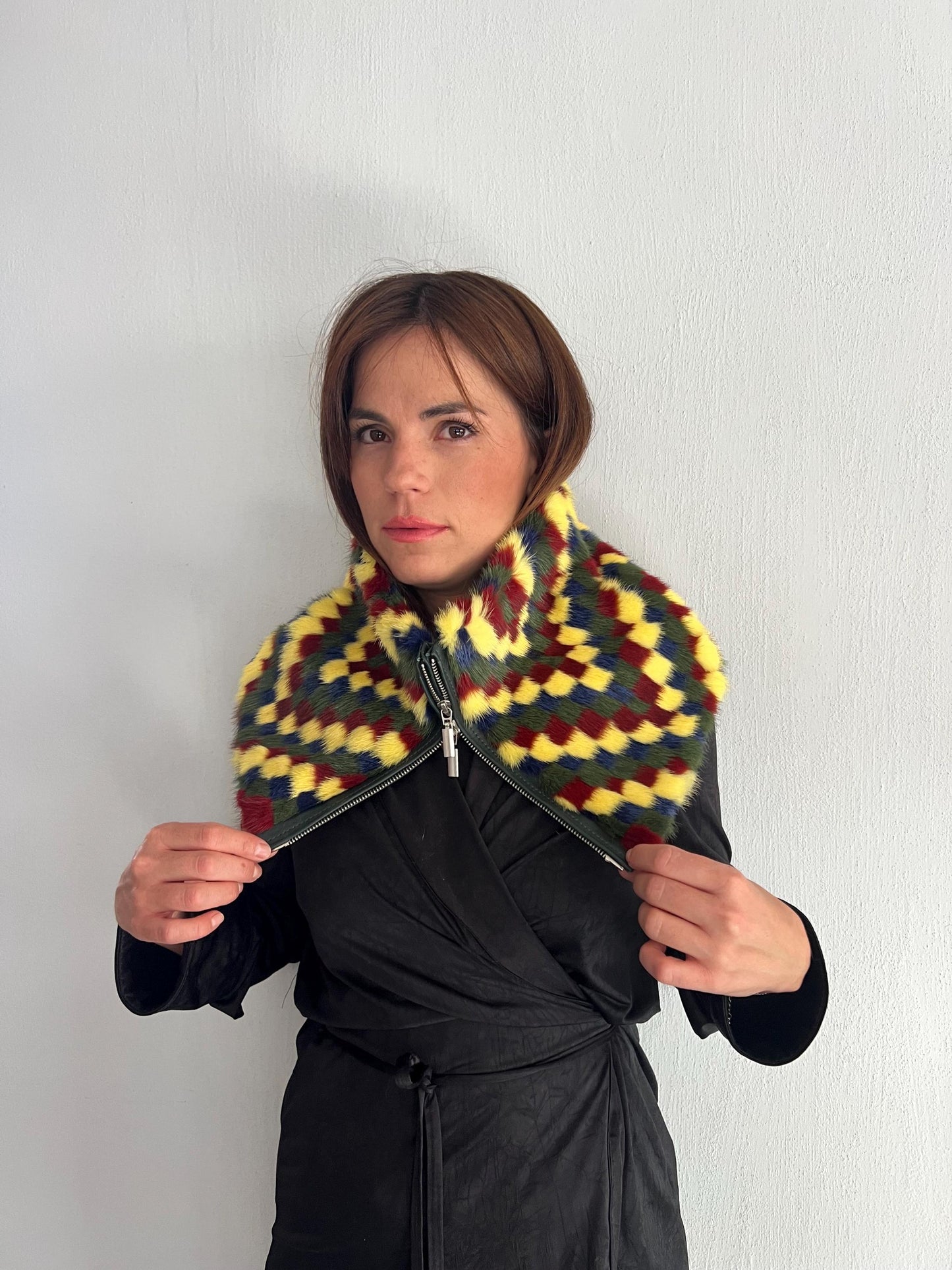 Multicolor Mink Fur Cowl Scarf: Zipped Leather Detail, Handmade