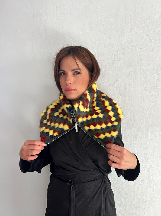 Multicolor Mink Fur Cowl Scarf: Zipped Leather Detail, Handmade