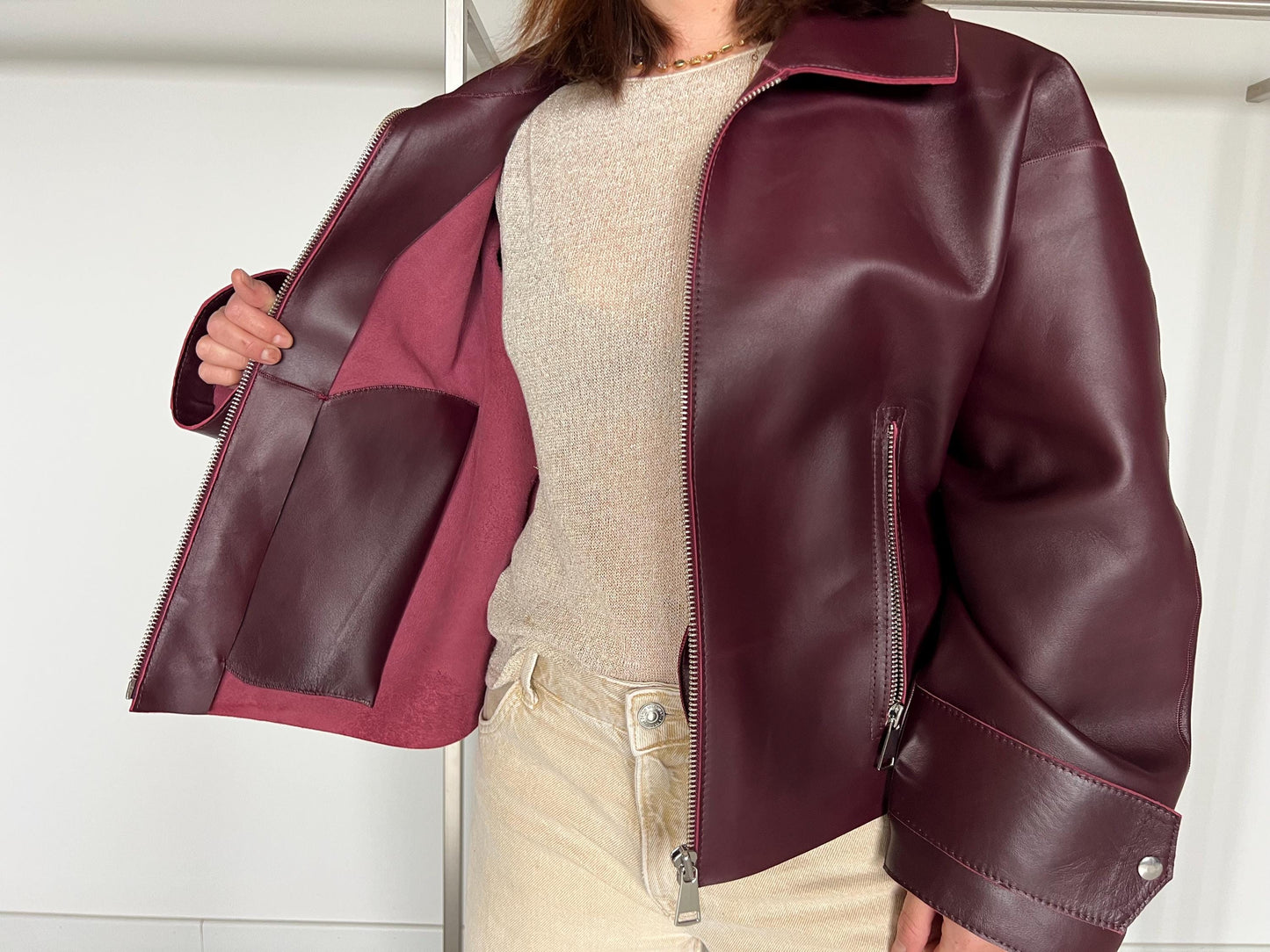 Handmade Burgundy Nappa boxy Leather Jacket: Oversized Zip-Up thick hide Coat