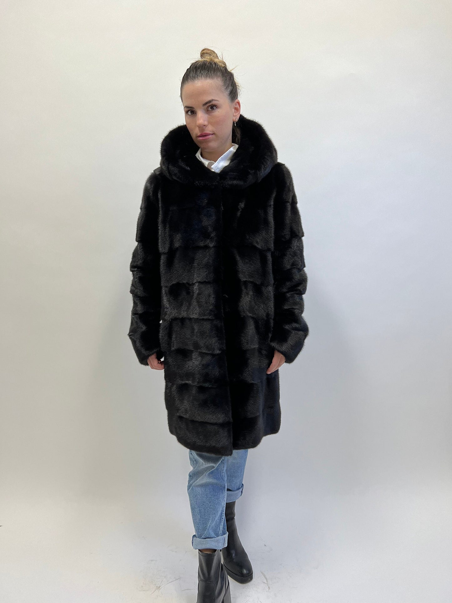 Real Mink Fur Hooded Coat: Black Full Skin Jacket