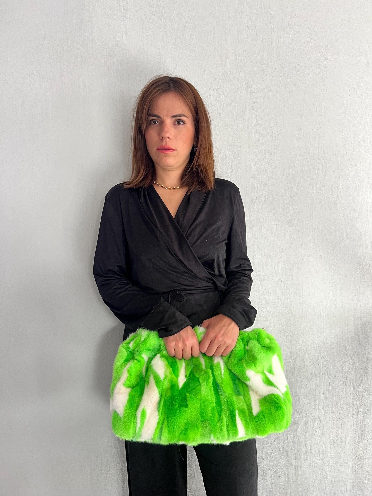 Handmade Mink Fur Shoulder Bag: Green & White Slouchy Crossbody