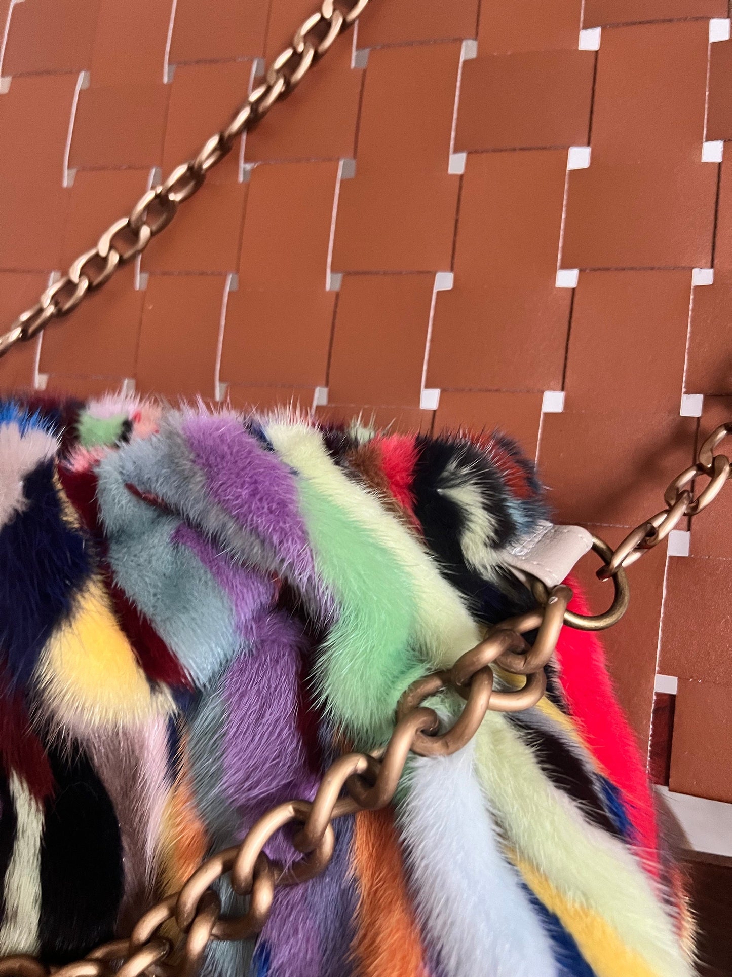 Handmade Multicolored Mink Fur Shoulder Bag with Bronze Straps